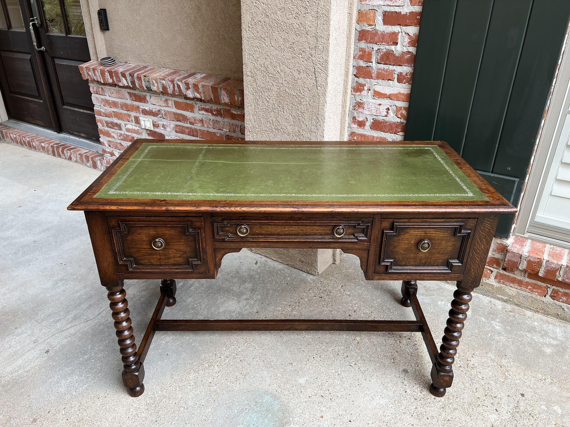 Antique English Writing Desk Table Jacobean Carved Oak Green Leather Bobbin Leg 1