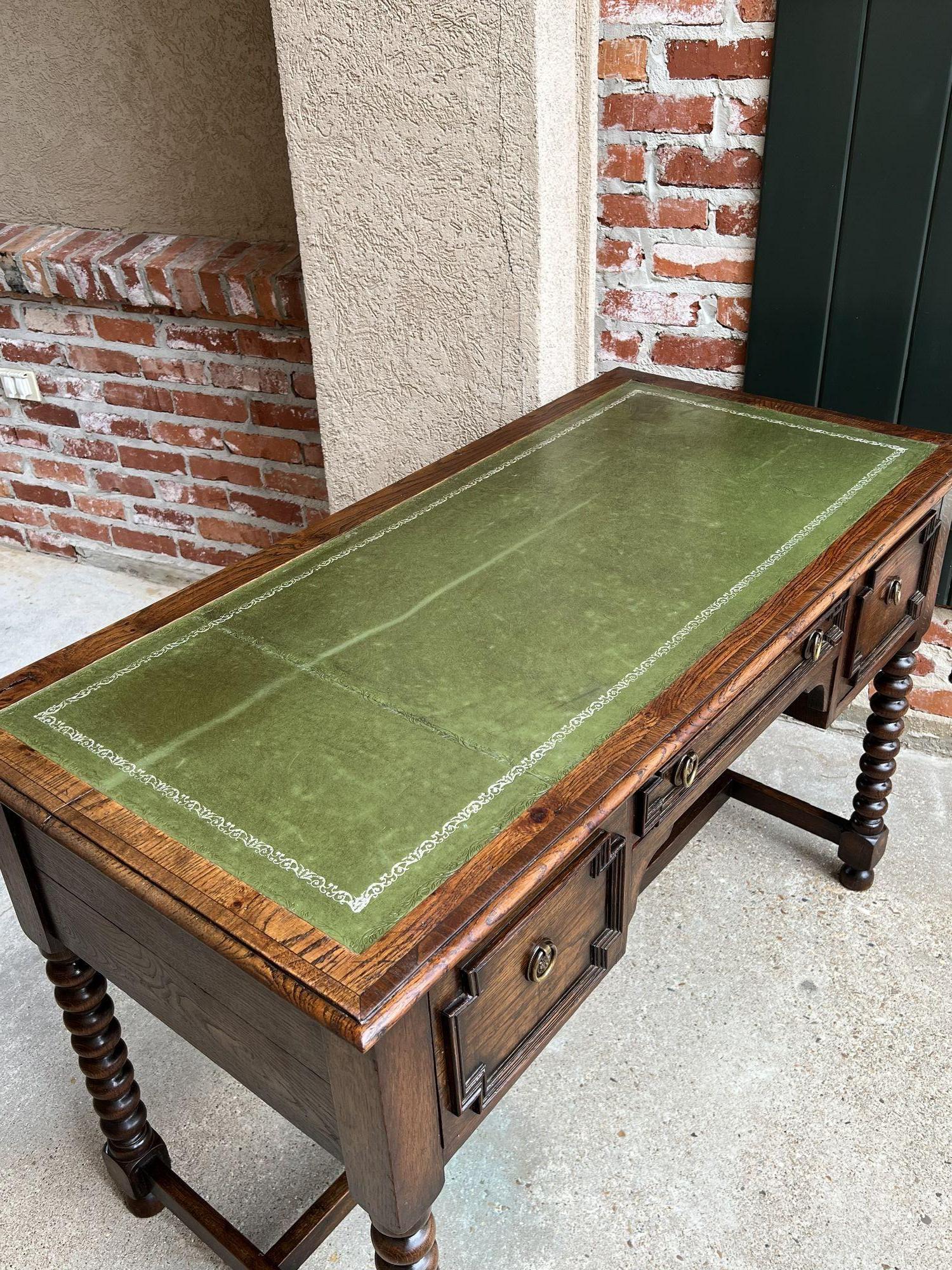 Antique English Writing Desk Table Jacobean Carved Oak Green Leather Bobbin Leg 2
