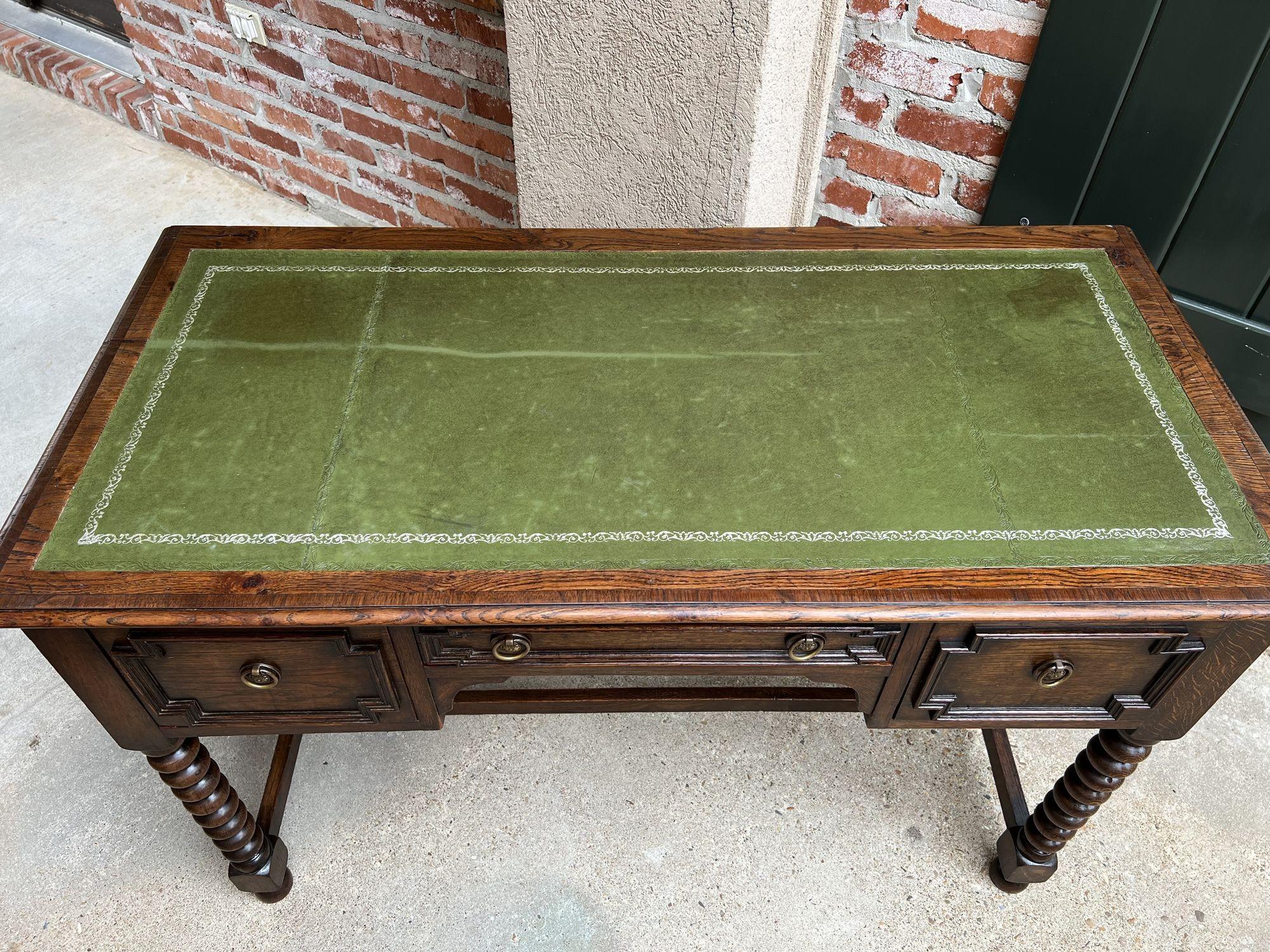 Antique English Writing Desk Table Jacobean Carved Oak Green Leather Bobbin Leg 2