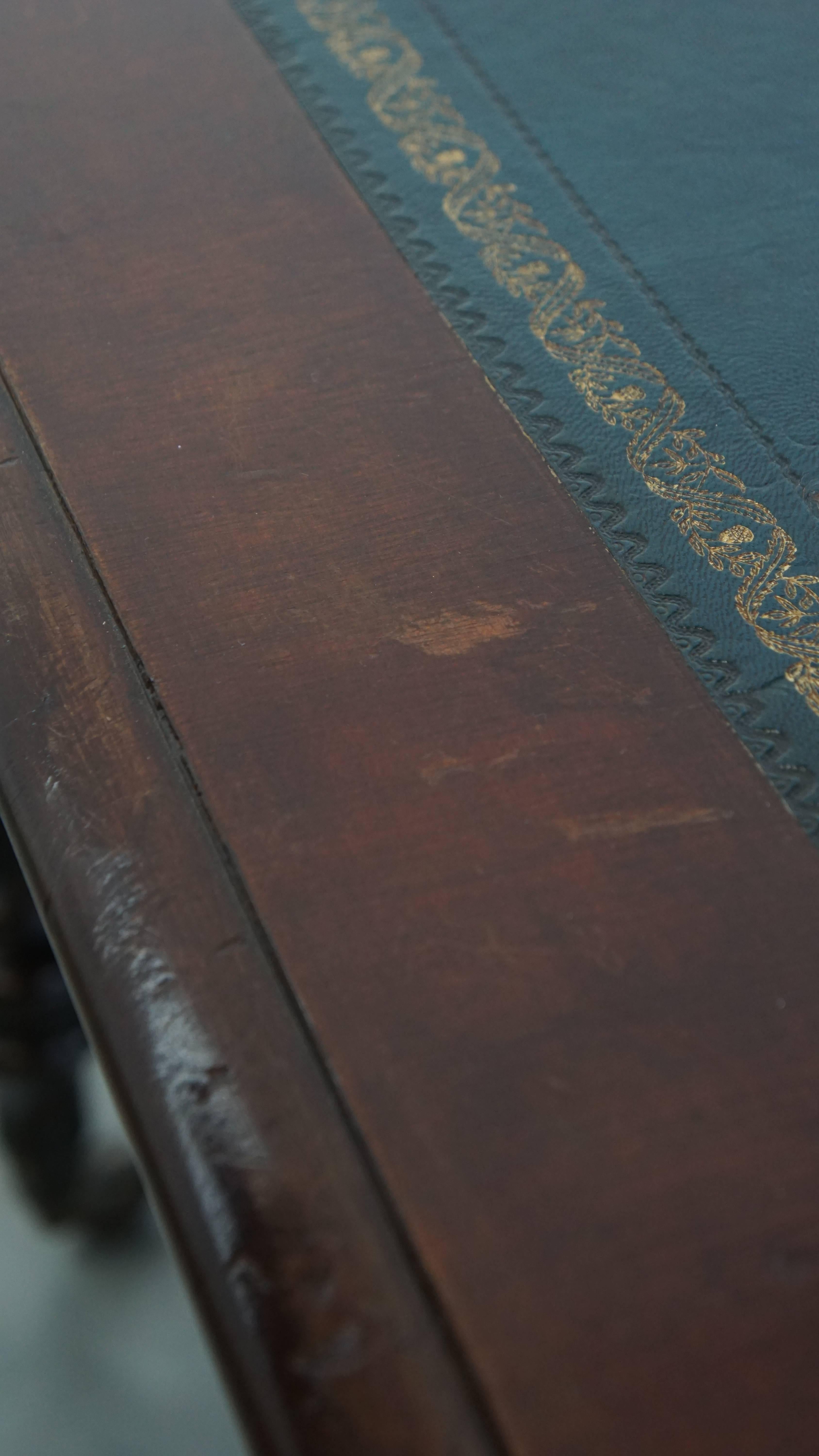 Antique English Writing Table with Blue Leather Top, Mid-19th Century For Sale 11