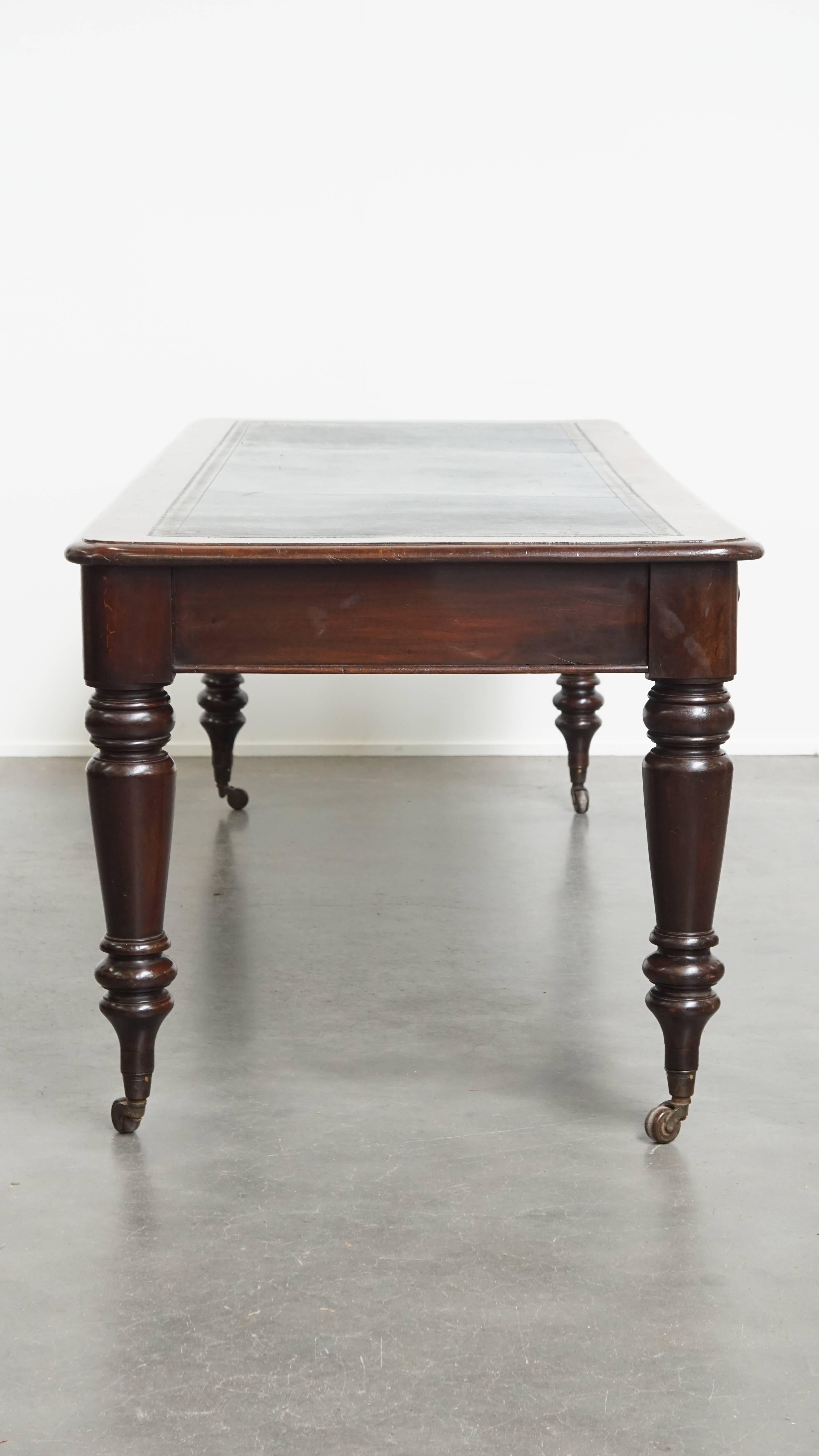 Classical Roman Antique English Writing Table with Blue Leather Top, Mid-19th Century For Sale
