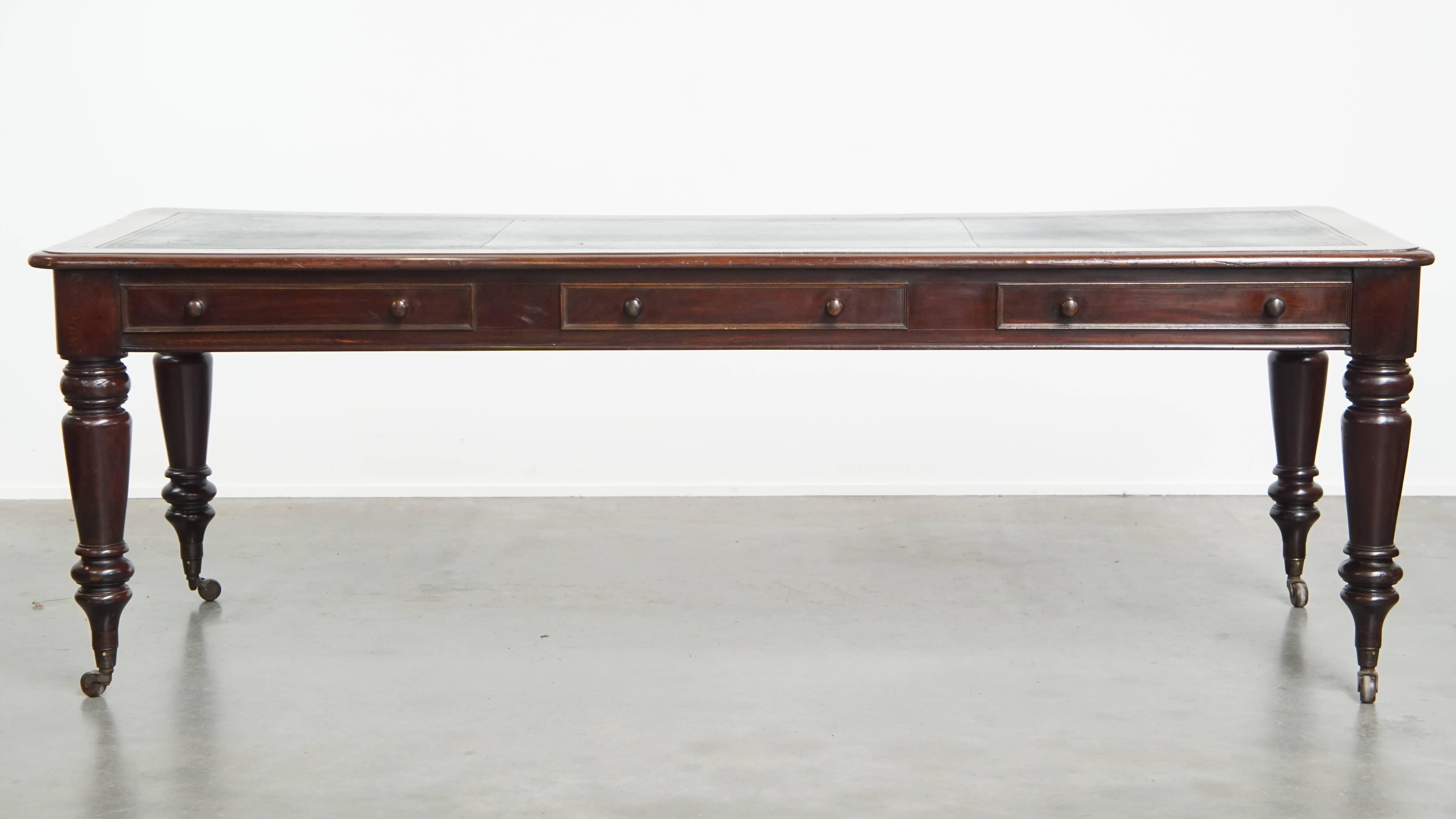 Hand-Crafted Antique English Writing Table with Blue Leather Top, Mid-19th Century For Sale