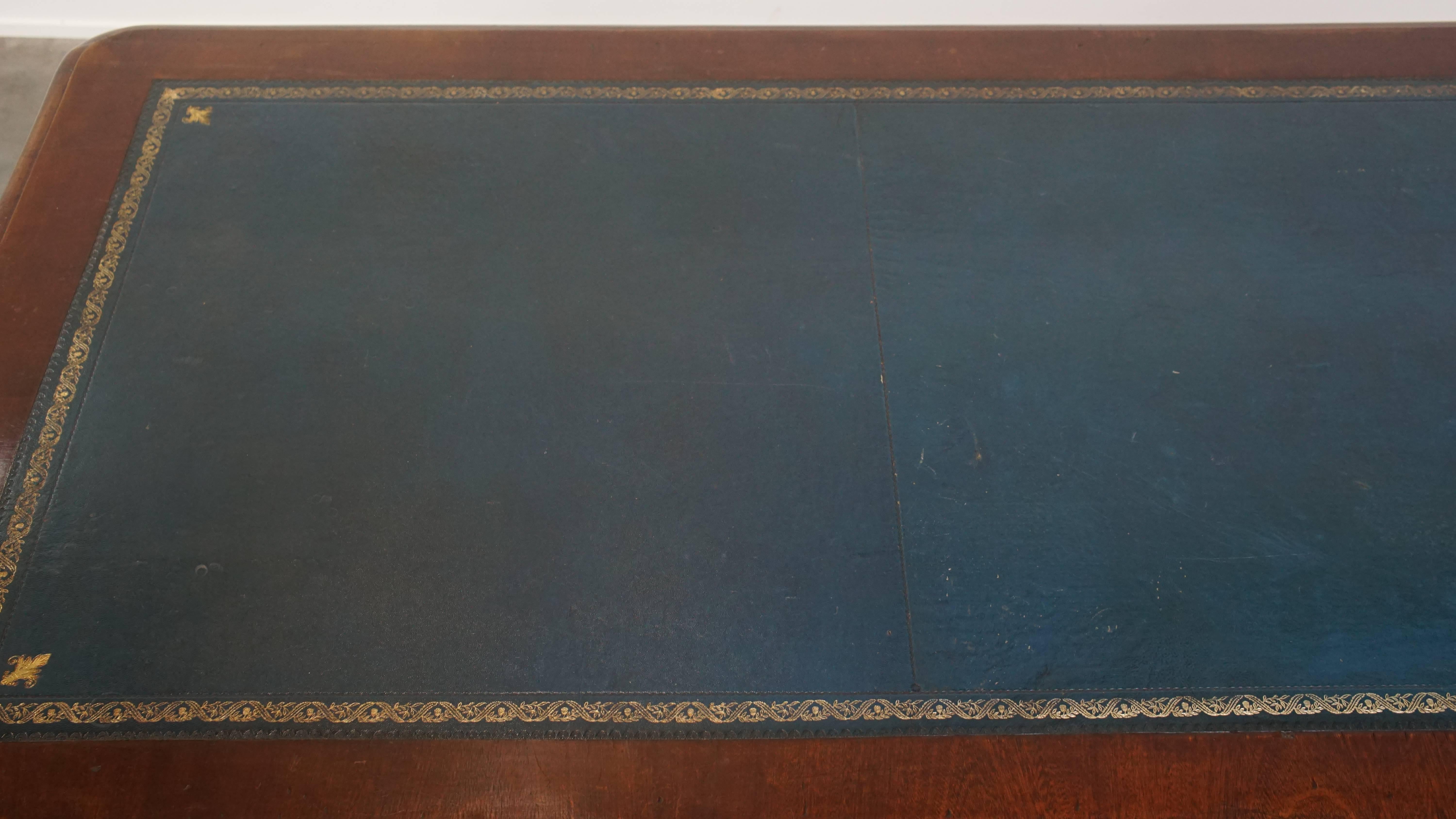 Antique English Writing Table with Blue Leather Top, Mid-19th Century For Sale 1