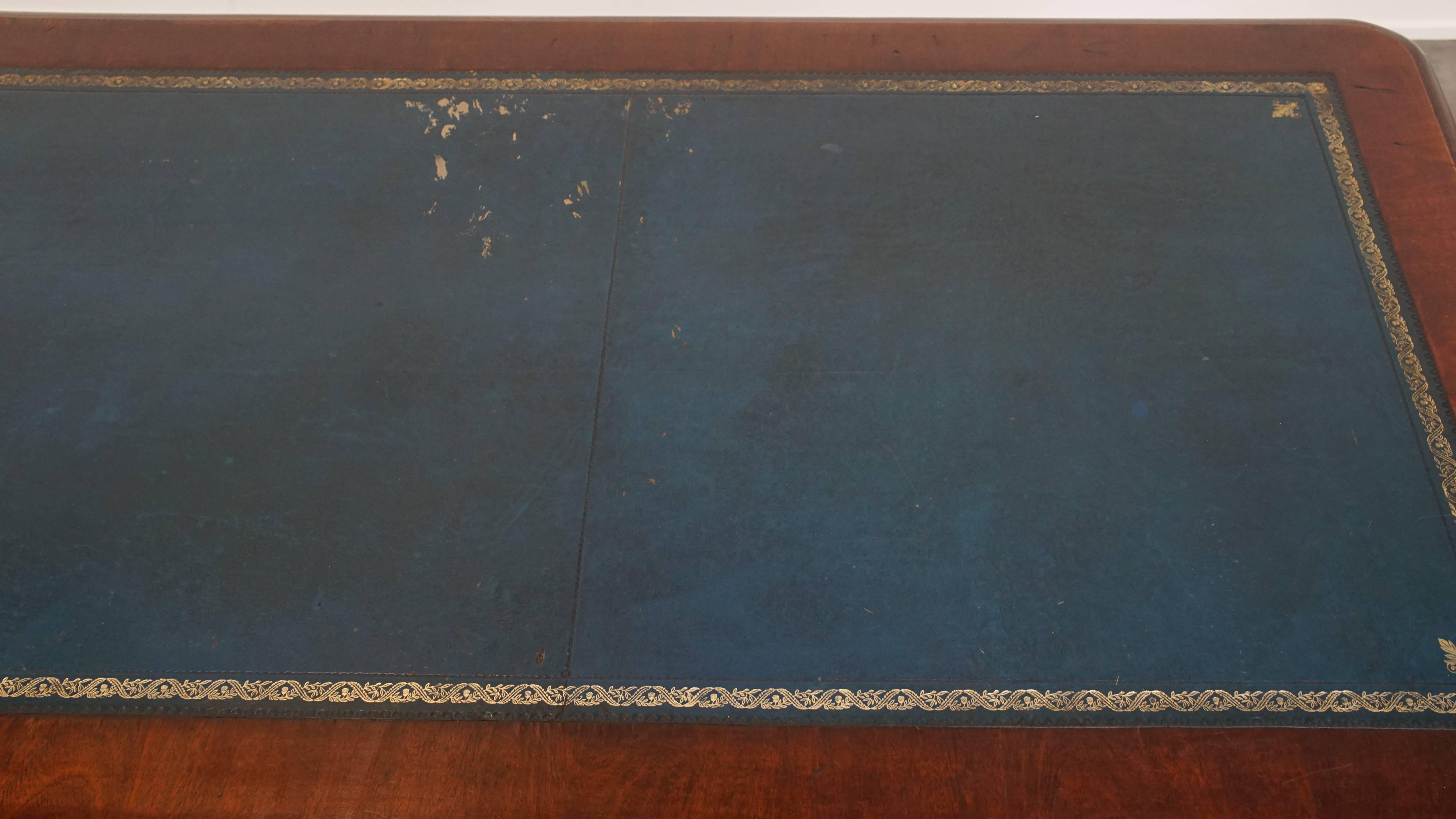 Antique English Writing Table with Blue Leather Top, Mid-19th Century For Sale 2