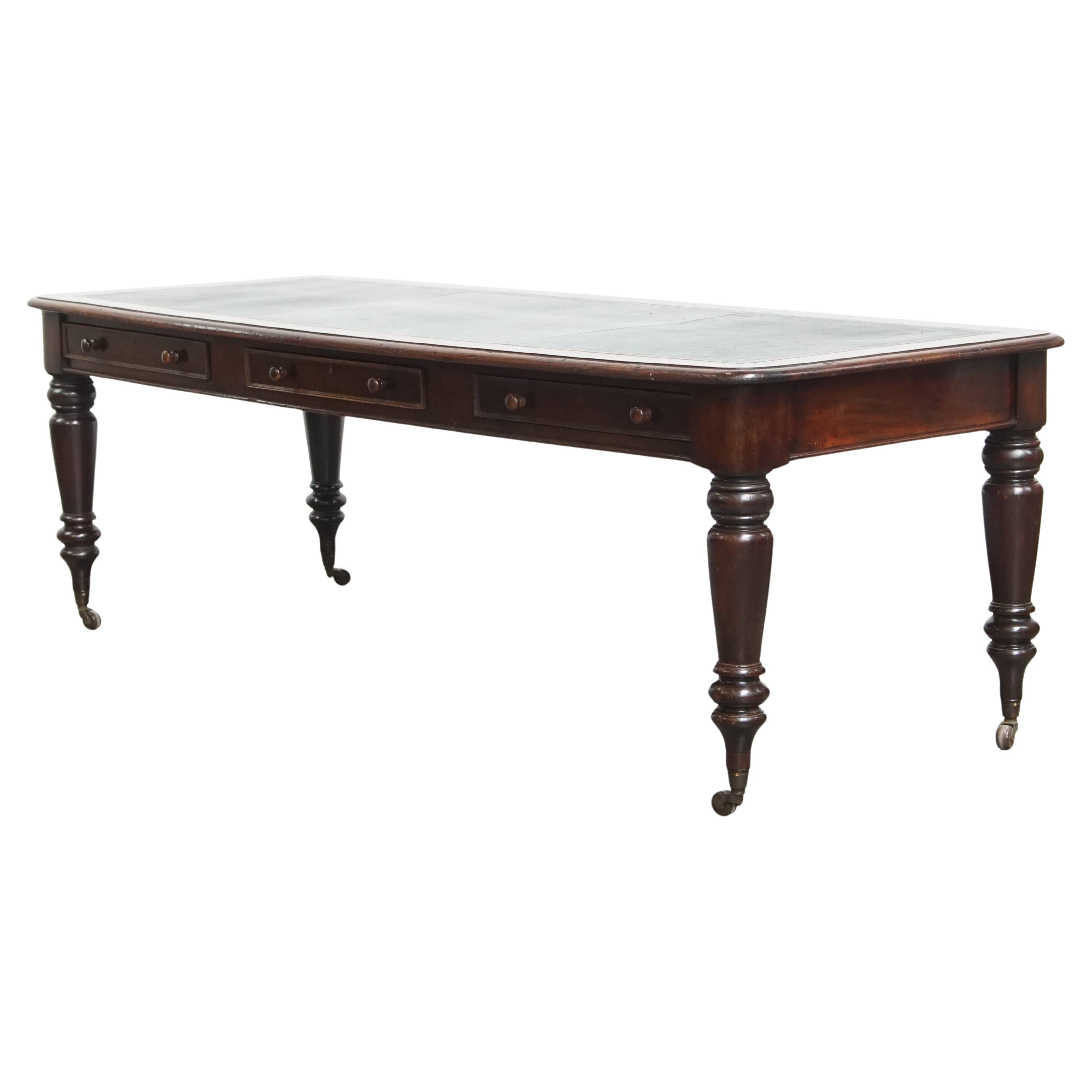 Antique English Writing Table with Blue Leather Top, Mid-19th Century For Sale