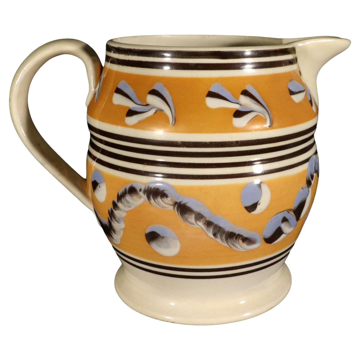 Antique English Yellow Mocha Jug with Leaf, Earthworm and Cat's Eye Designs