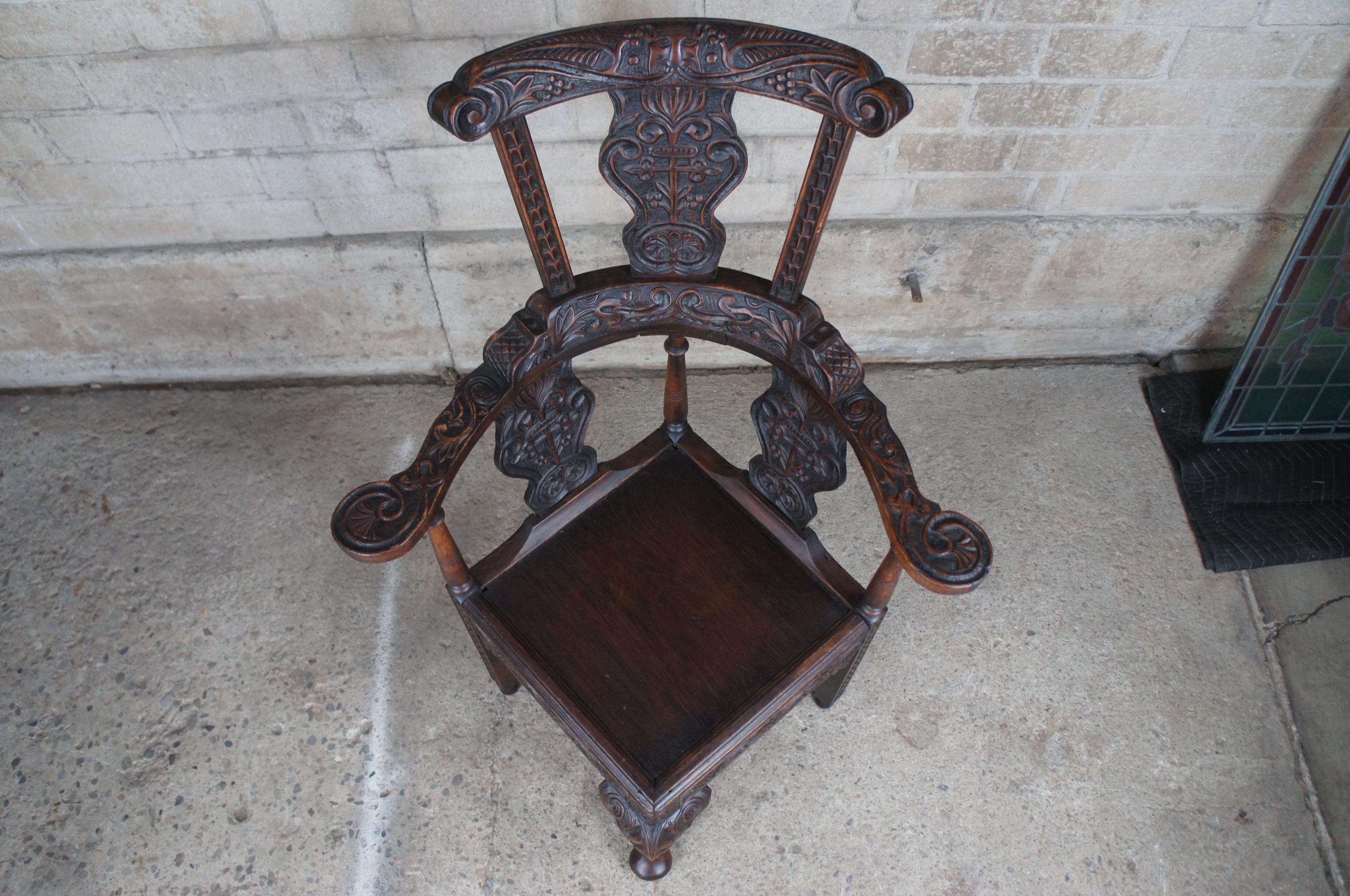 Antique English Yorkshire Wainscot Oak Highback Corner Arm Chair Throne 47