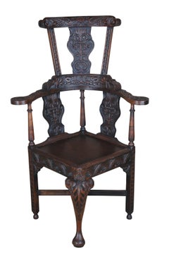 Antique English Yorkshire Wainscot Oak Highback Corner Arm Chair Throne 47"