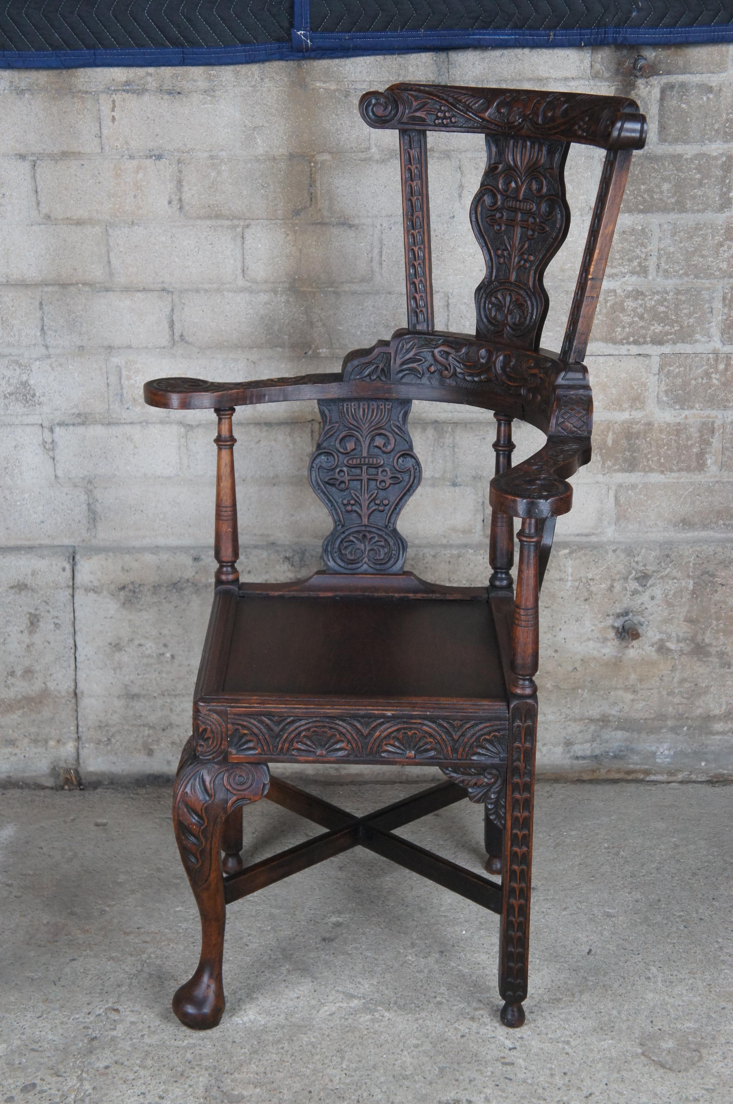 Gothic Antique English Yorkshire Wainscot Oak Highback Corner Arm Chair Throne 47