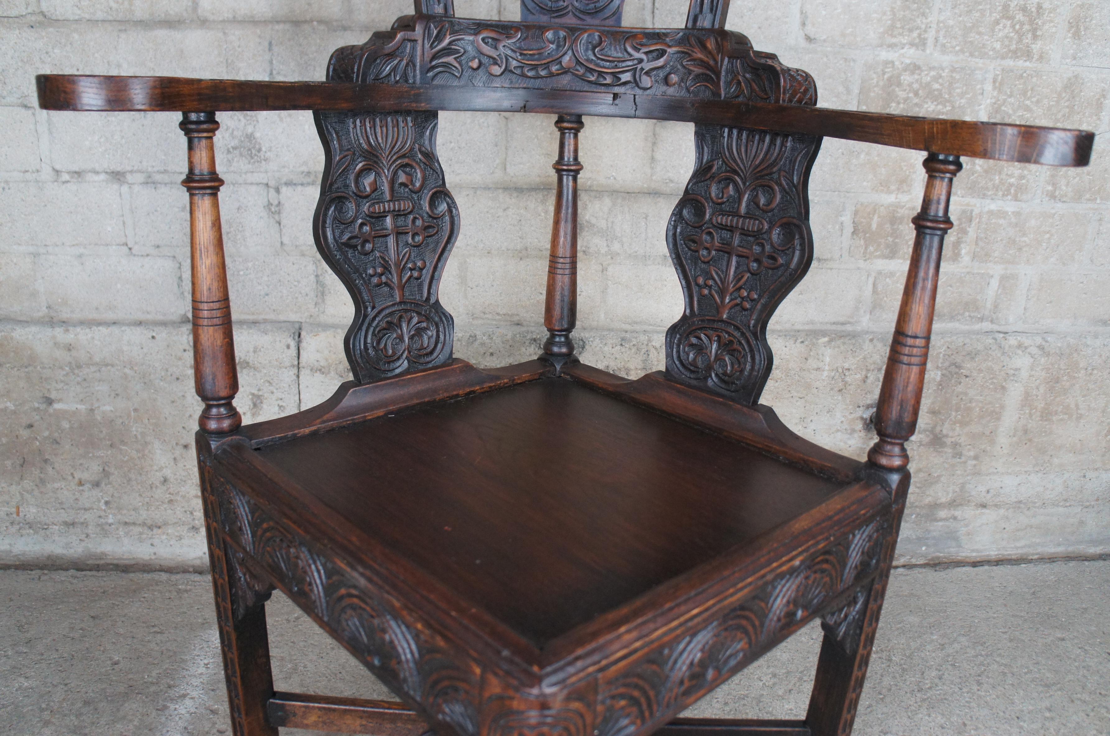 18th Century and Earlier Antique English Yorkshire Wainscot Oak Highback Corner Arm Chair Throne 47