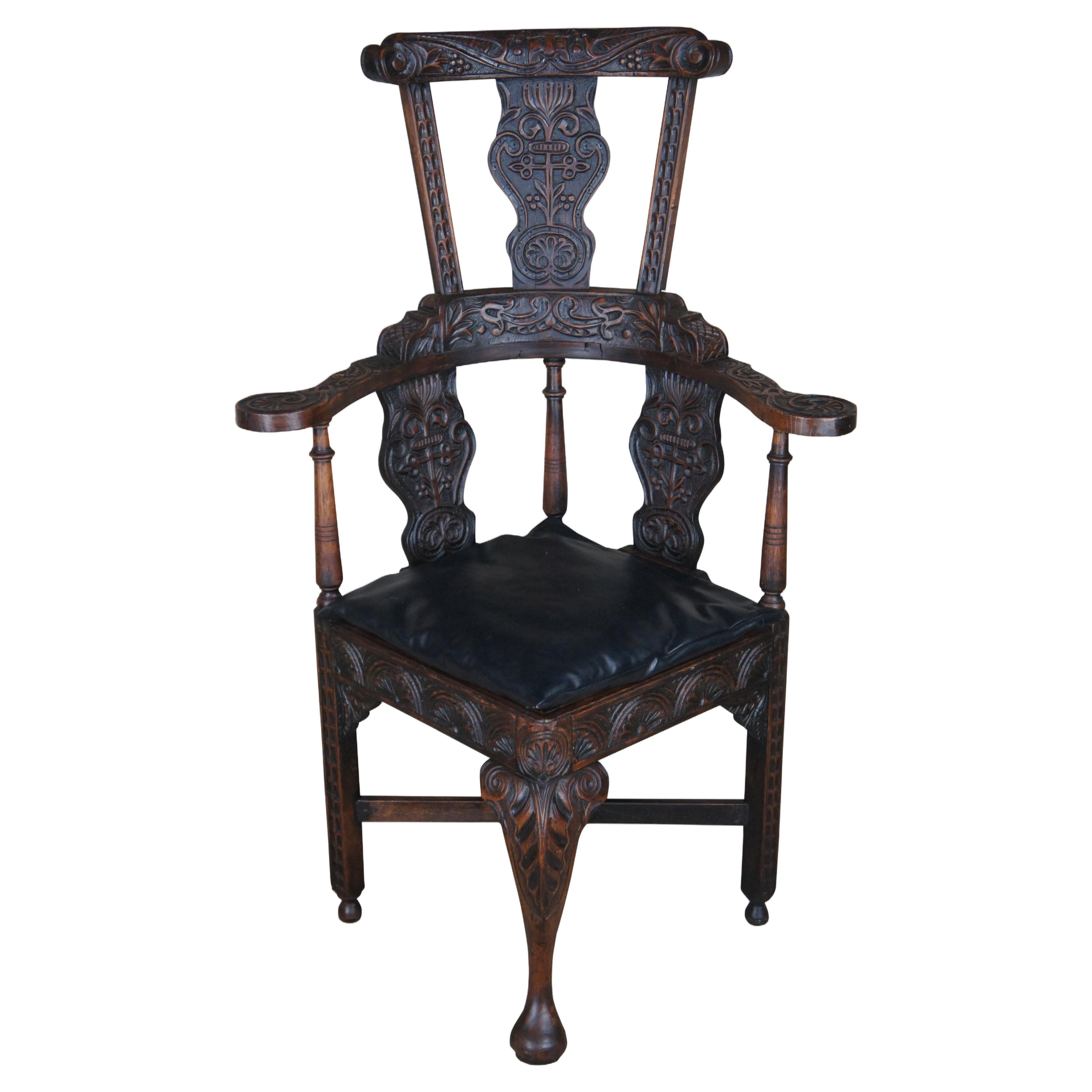 Antique English Yorkshire Wainscot Oak Highback Corner Arm Chair Throne 47" For Sale
