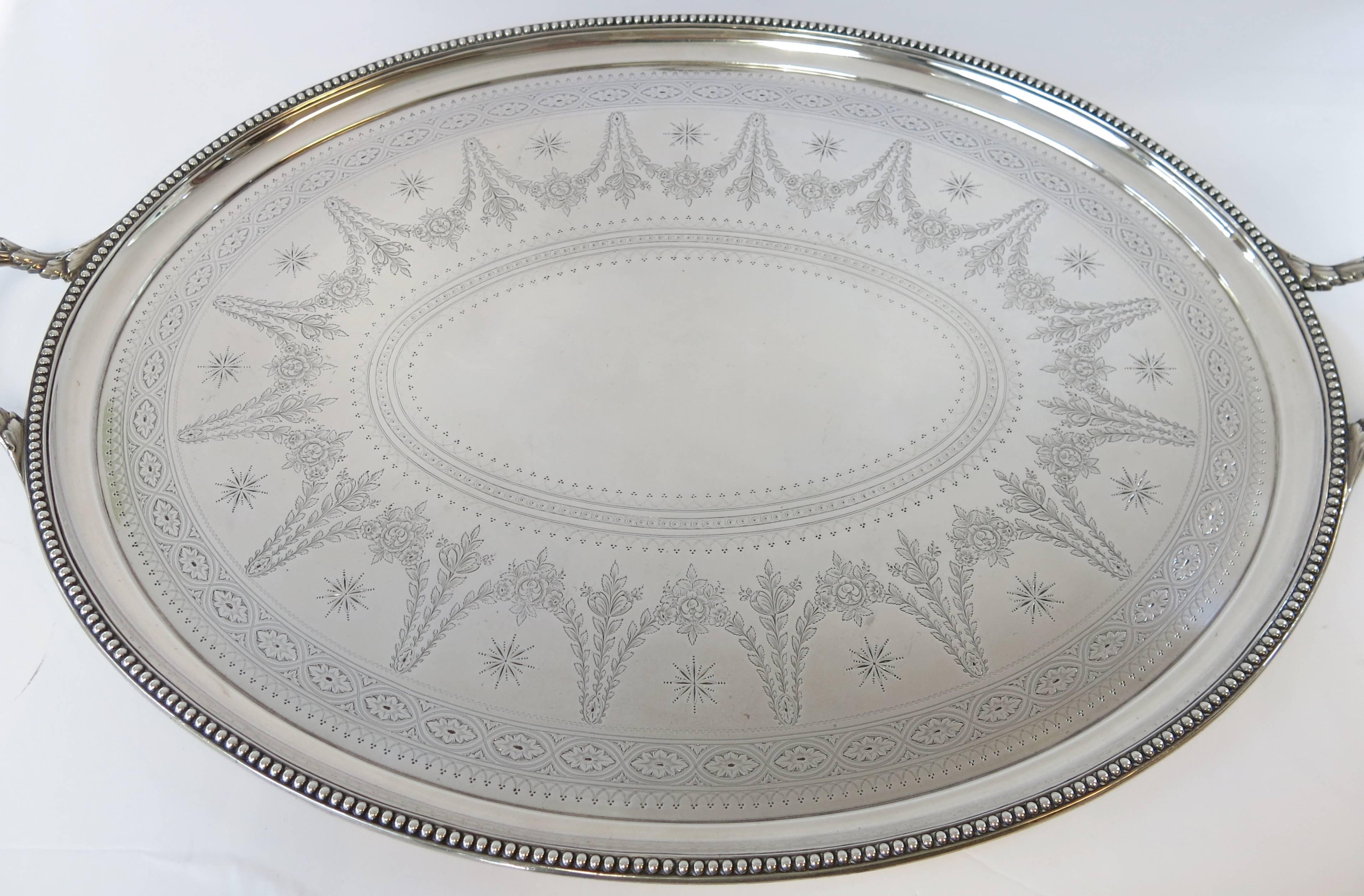A Fine, Hand Engraved, Oval, 2 Handled Sterling Silver Tray Made By Elkington, Dated 1866. The Tray Has Beautifully Hand Engraved Decoration On Surface Of Tray, With An Applied Bead Border & Reeded Handles. Fully & Correctly Hallmarked On Rear Of