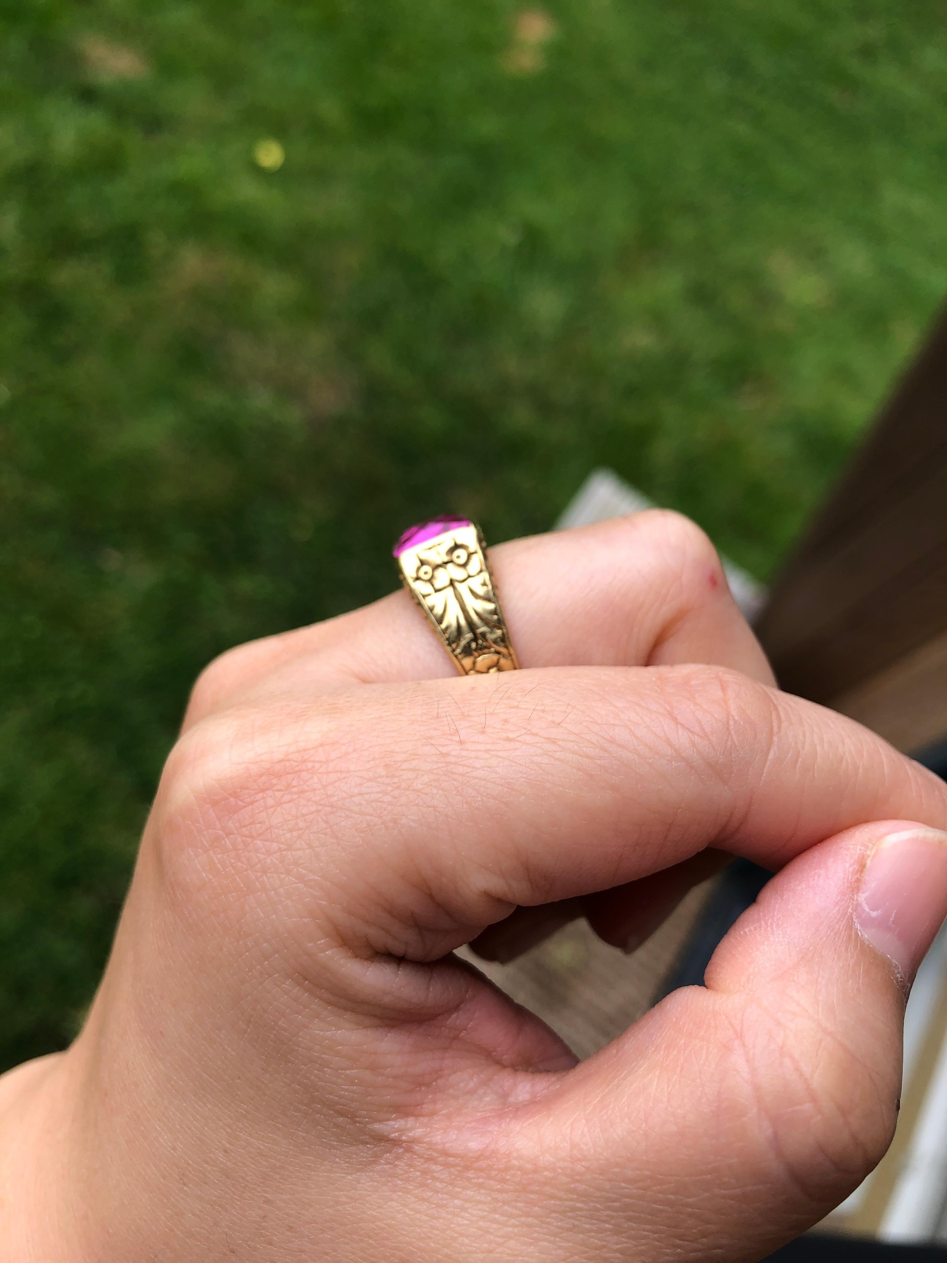 Antique Engraved 14 Carat Yellow Gold Pink Quartz Ring For Sale 1