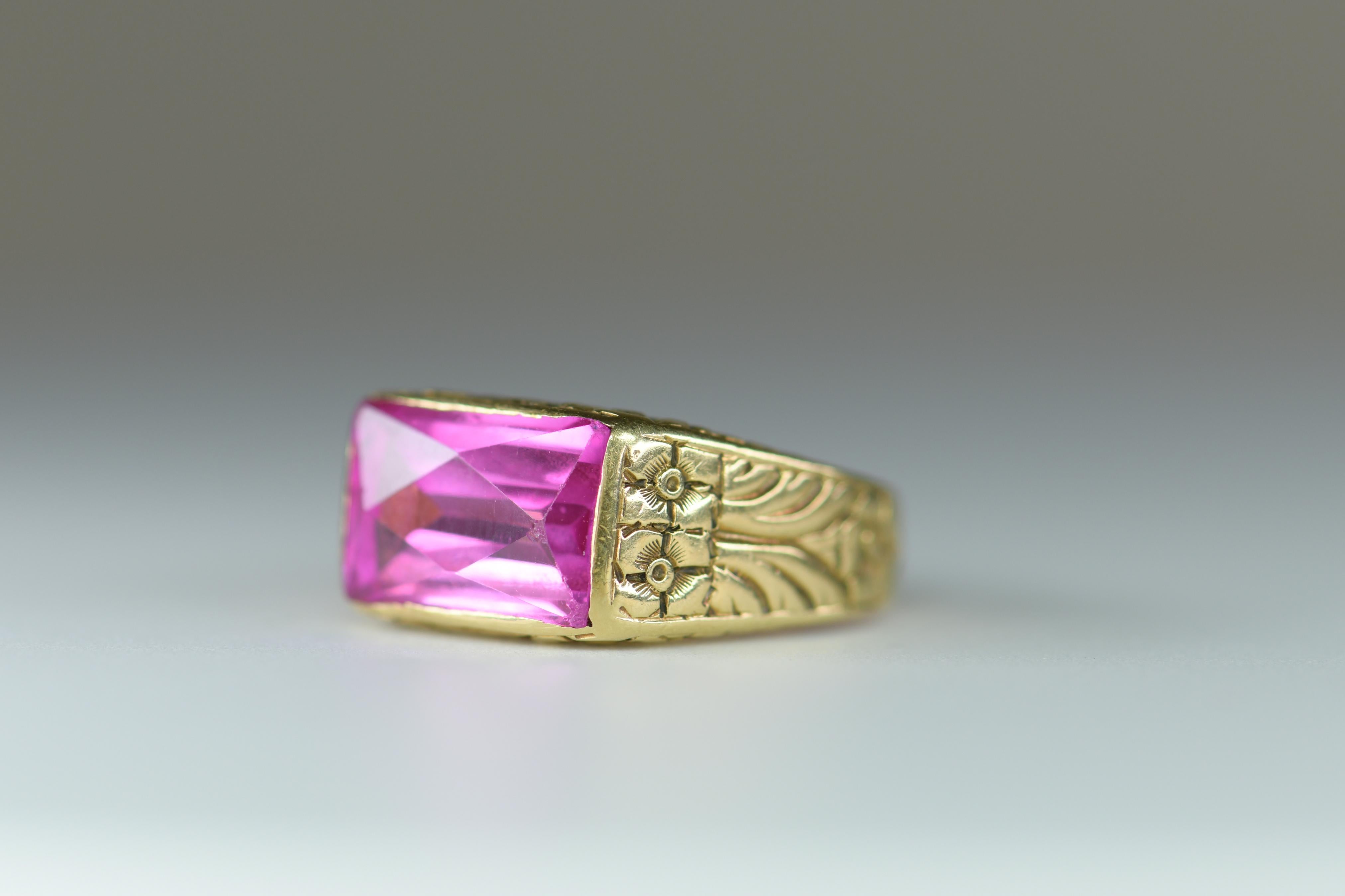 Emerald Cut Antique Engraved 14 Carat Yellow Gold Pink Quartz Ring For Sale