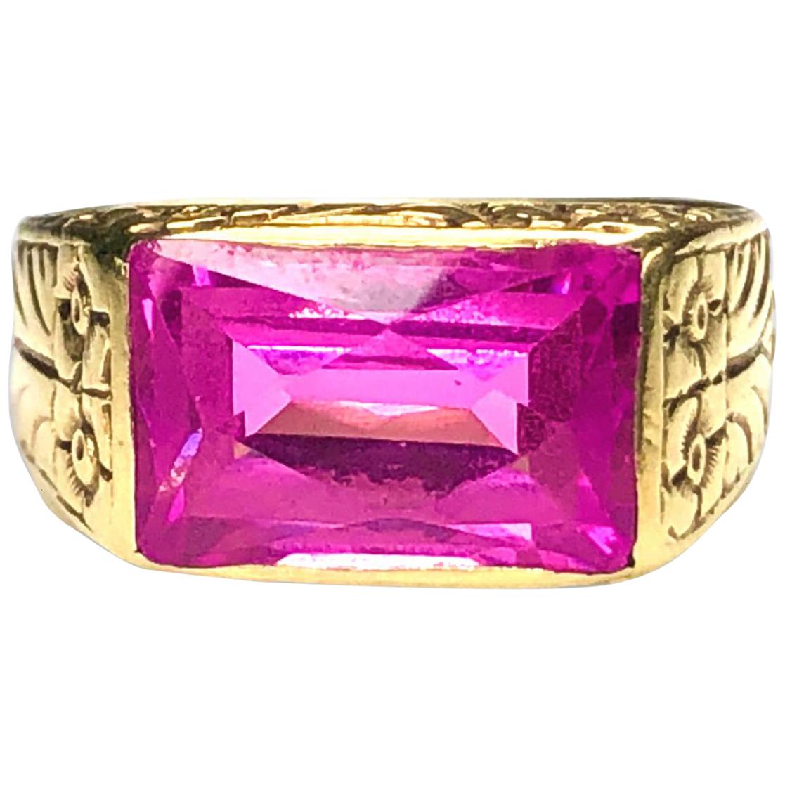 Antique Engraved 14 Carat Yellow Gold Pink Quartz Ring For Sale