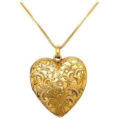 Antique Engraved 14 Karat Yellow Gold Heart Locket Necklace