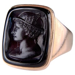 Antique Engraved 1888 Sardonyx Intaglio Ring 14k Yellow Gold