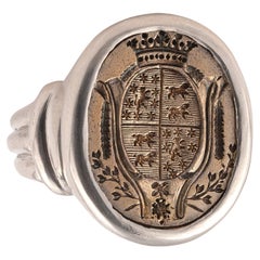 Antique Engraved Armorial Silver and Silver Gilt Signet Men’s Ring