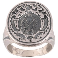 Antique Engraved Armorial Silver Signet Men's Ring