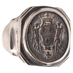 Antique Engraved Armorial Silver Signet Men’s Ring