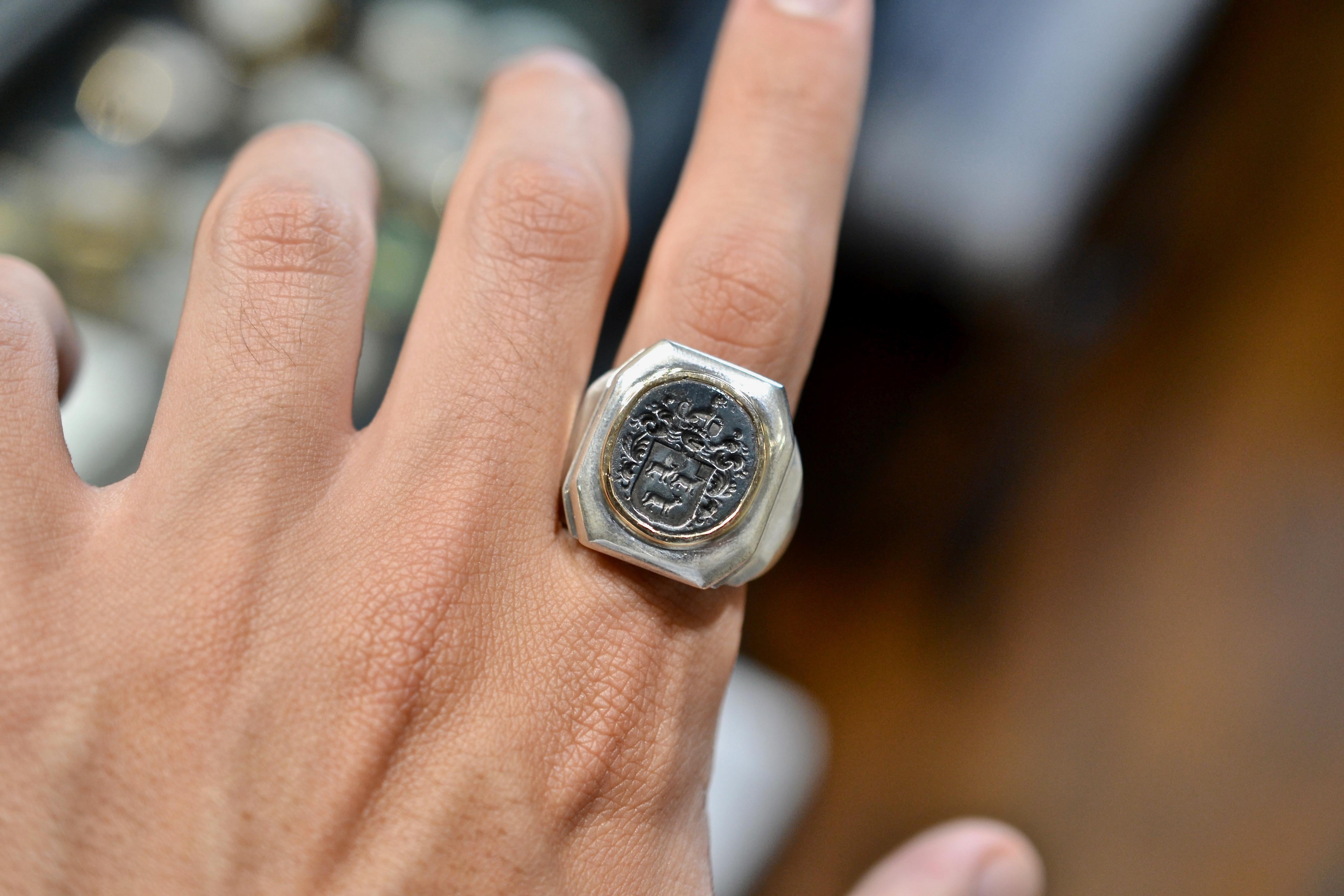 Women's or Men's Antique Engraved Armorial Steel Silver And Gold Signet Men’s Ring For Sale