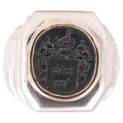 Antique Engraved Armorial Steel Silver And Gold Signet Men’s Ring