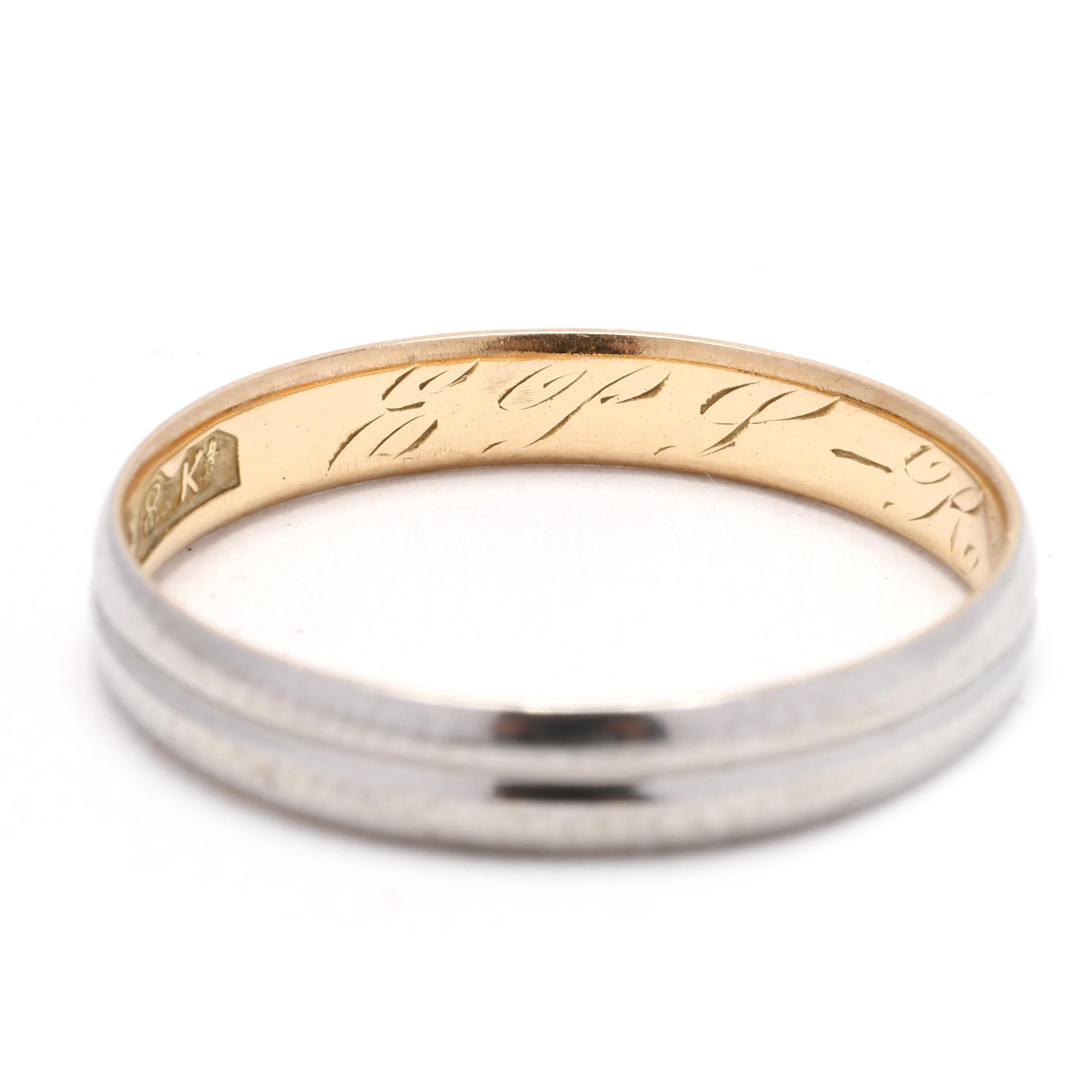 Antique Engraved Band Ring, 18K Yellow and White Gold, Ring Size 7 For Sale 1