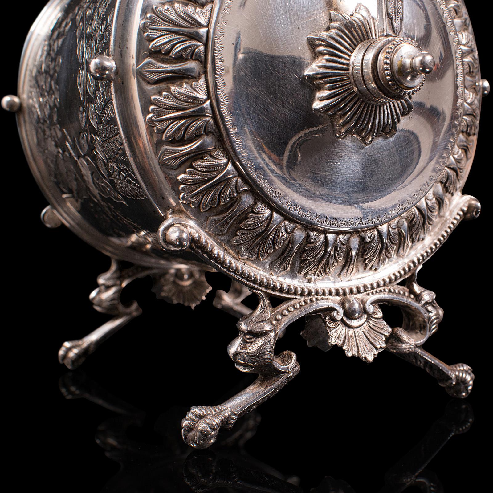 Antique Engraved Biscuit Barrel, Silver Plate, Decorative Jar, Victorian, C.1860 3