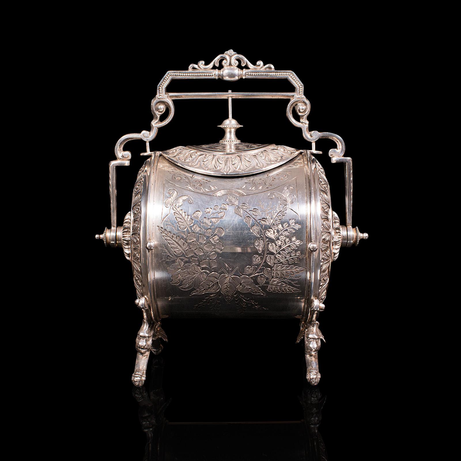 British Antique Engraved Biscuit Barrel, Silver Plate, Decorative Jar, Victorian, C.1860