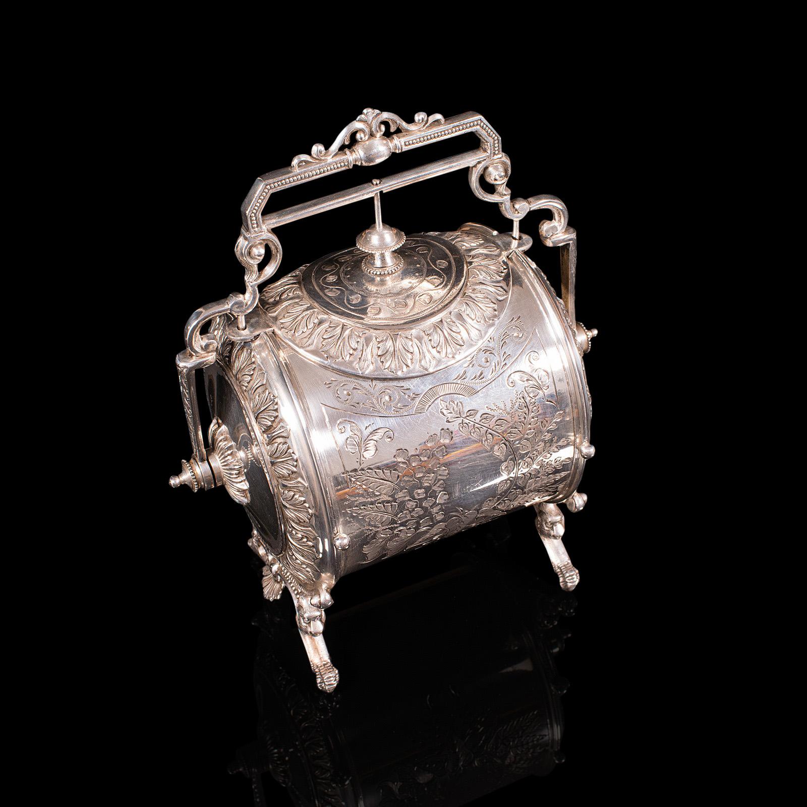 19th Century Antique Engraved Biscuit Barrel, Silver Plate, Decorative Jar, Victorian, C.1860