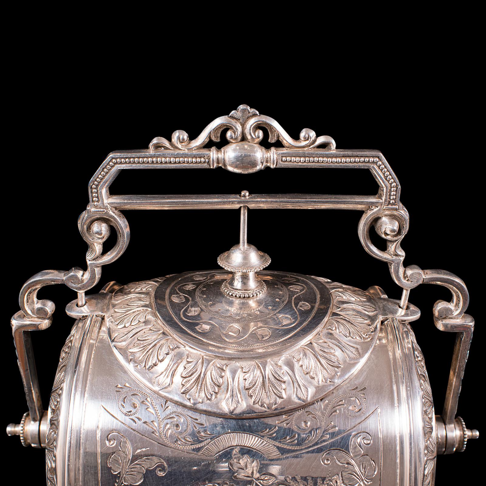 Antique Engraved Biscuit Barrel, Silver Plate, Decorative Jar, Victorian, C.1860 2