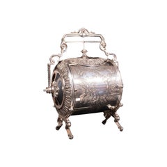 Antique Engraved Biscuit Barrel, Silver Plate, Decorative Jar, Victorian, C.1860