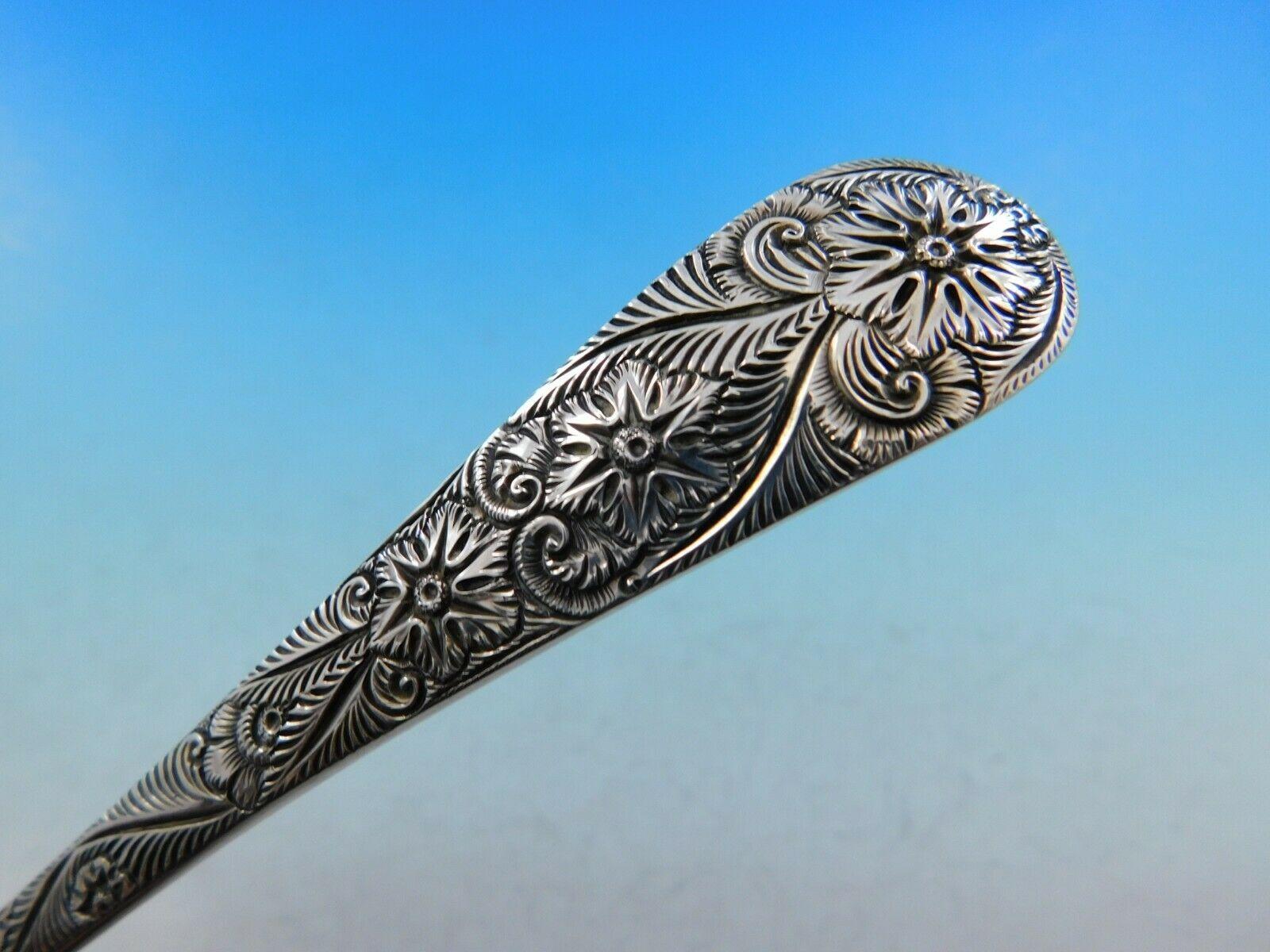 Antique Engraved by Tiffany & Co. Sterling Silver Pea Serving Spoon In Excellent Condition In Big Bend, WI