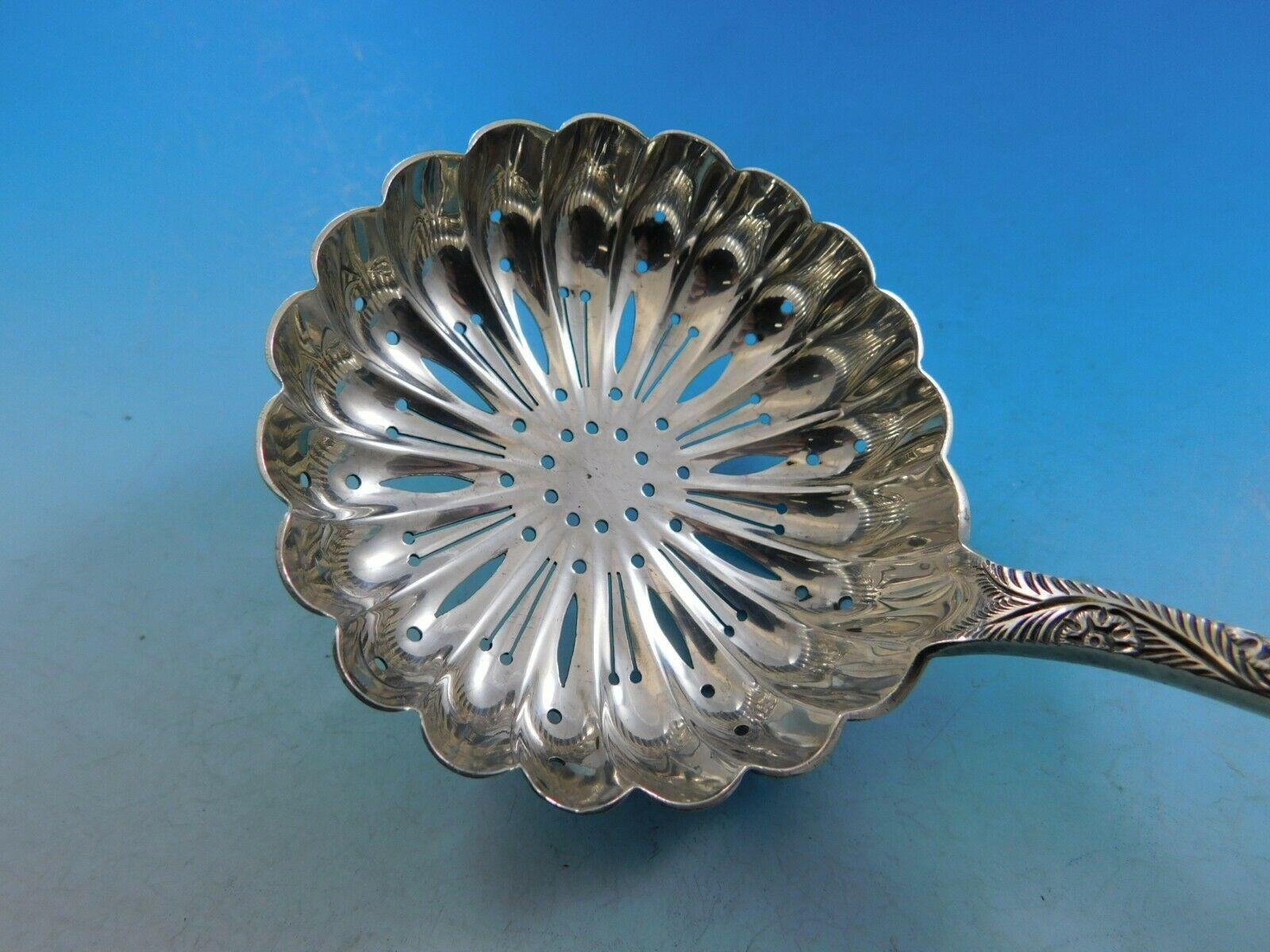 Antique Engraved by Tiffany & Co. Sterling Silver Pea Serving Spoon In Excellent Condition In Big Bend, WI