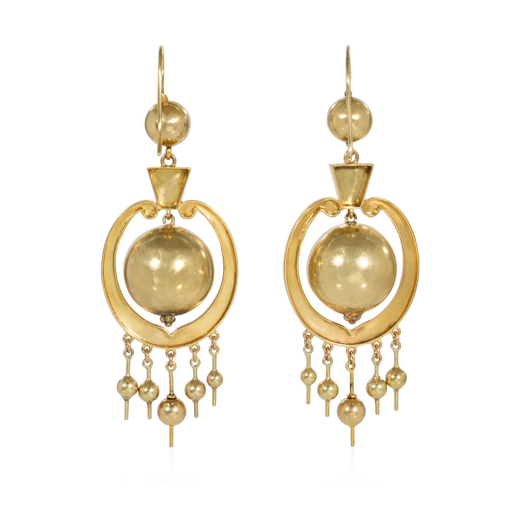 Victorian Antique Engraved Floral Frame and Ball Pendant Earrings For Sale