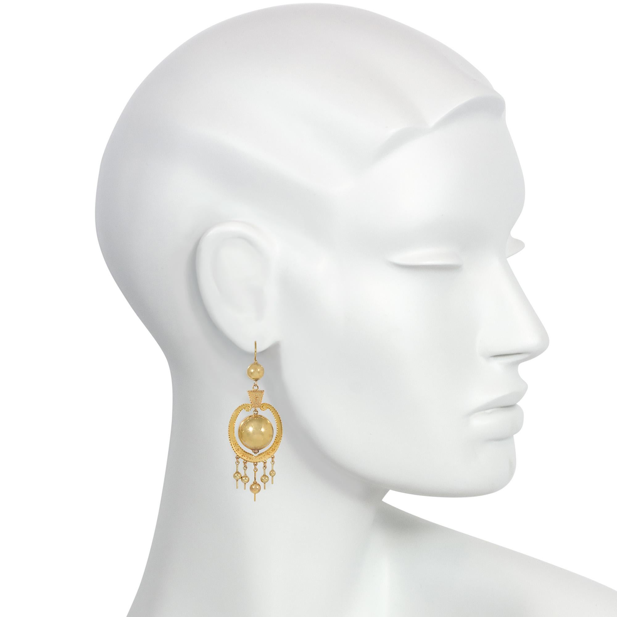 Antique Engraved Floral Frame and Ball Pendant Earrings In Good Condition For Sale In New York, NY