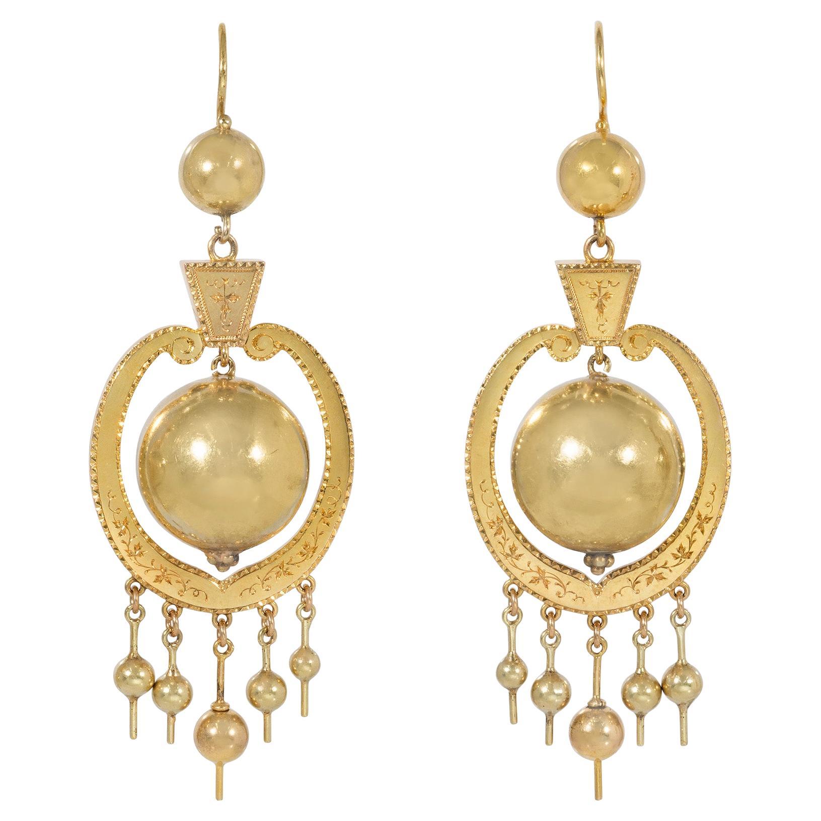 Antique Engraved Floral Frame and Ball Pendant Earrings For Sale