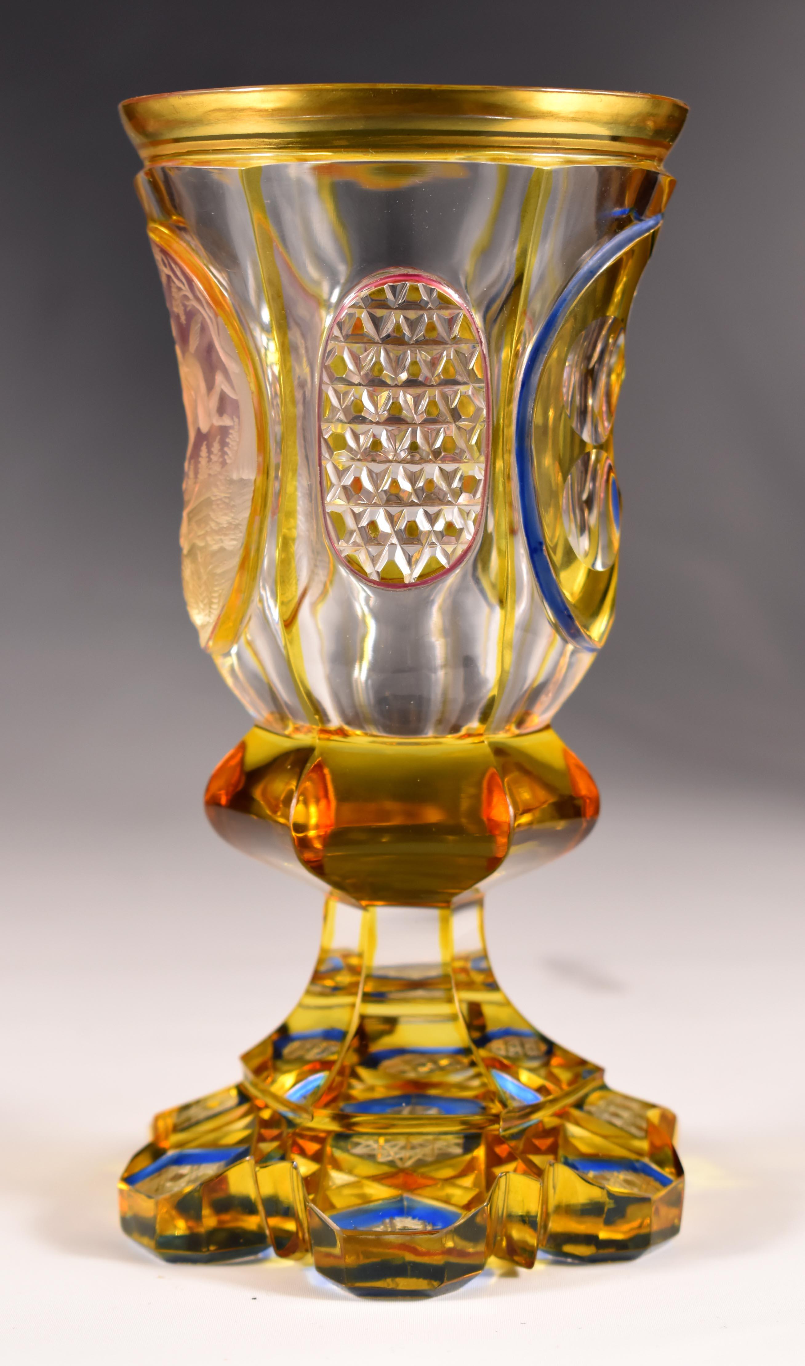 Biedermeier Antique Engraved Goblet Hunting motif 19-20 century Bohemian Glass For Sale
