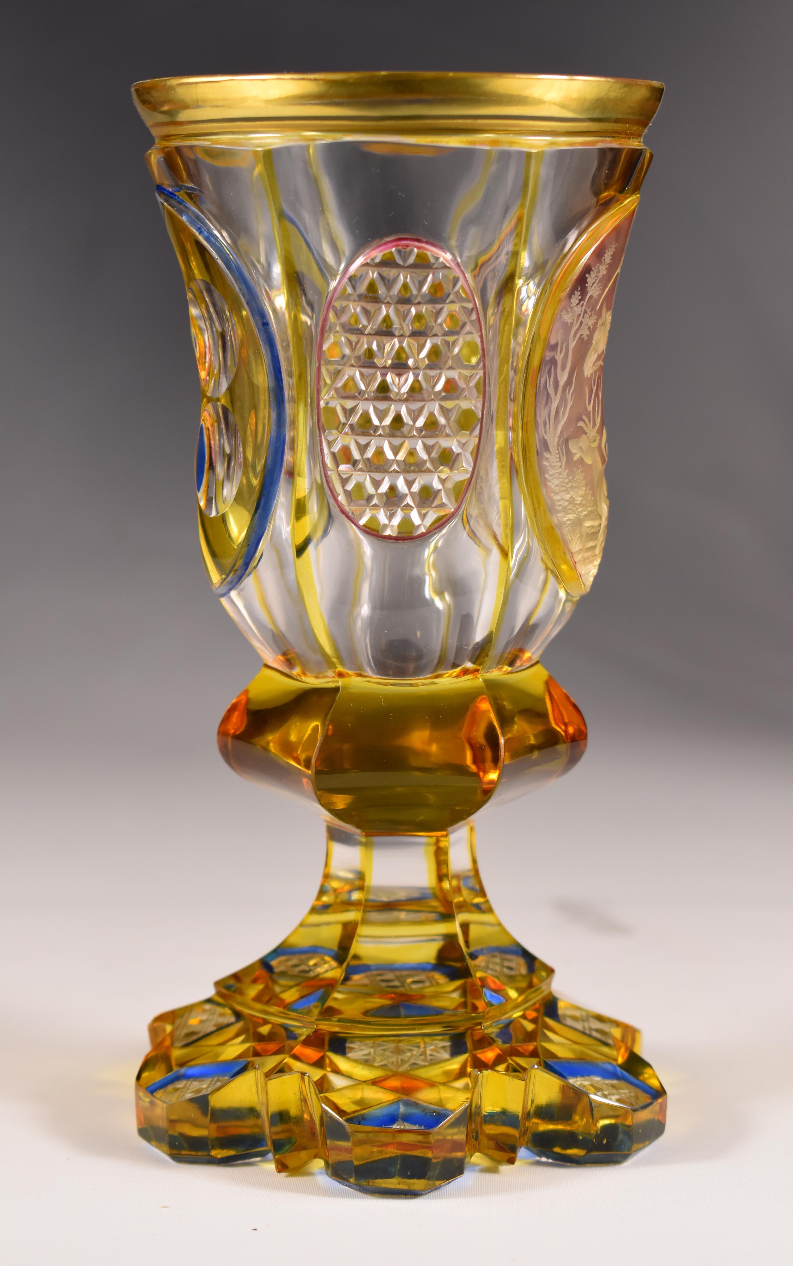 Antique Engraved Goblet Hunting motif 19-20 century Bohemian Glass In Good Condition For Sale In Nový Bor, CZ