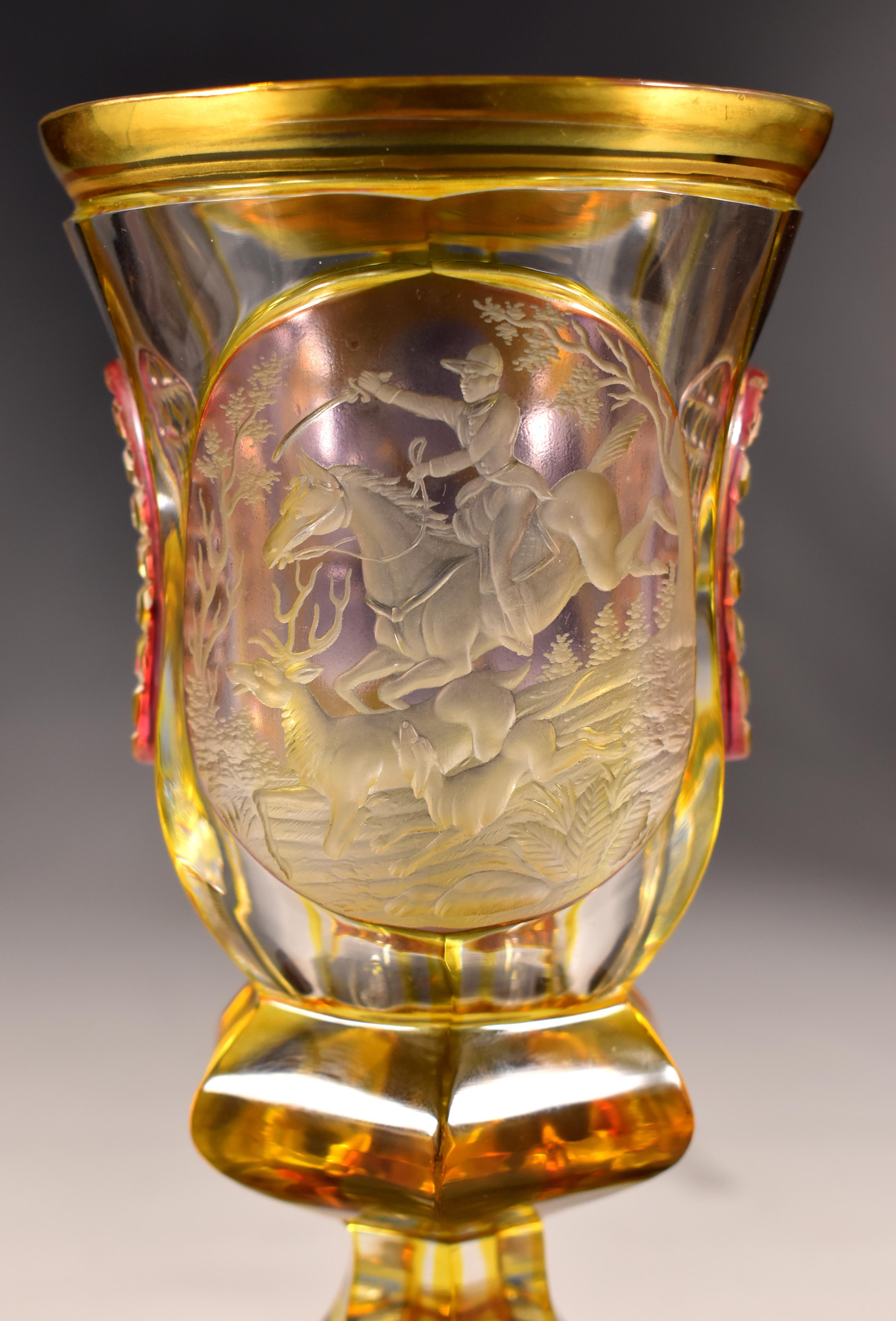 19th Century Antique Engraved Goblet Hunting motif 19-20 century Bohemian Glass For Sale