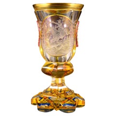 Copa antigua grabada Motivo de caza Siglo 19-20 Vidrio de Bohemia
