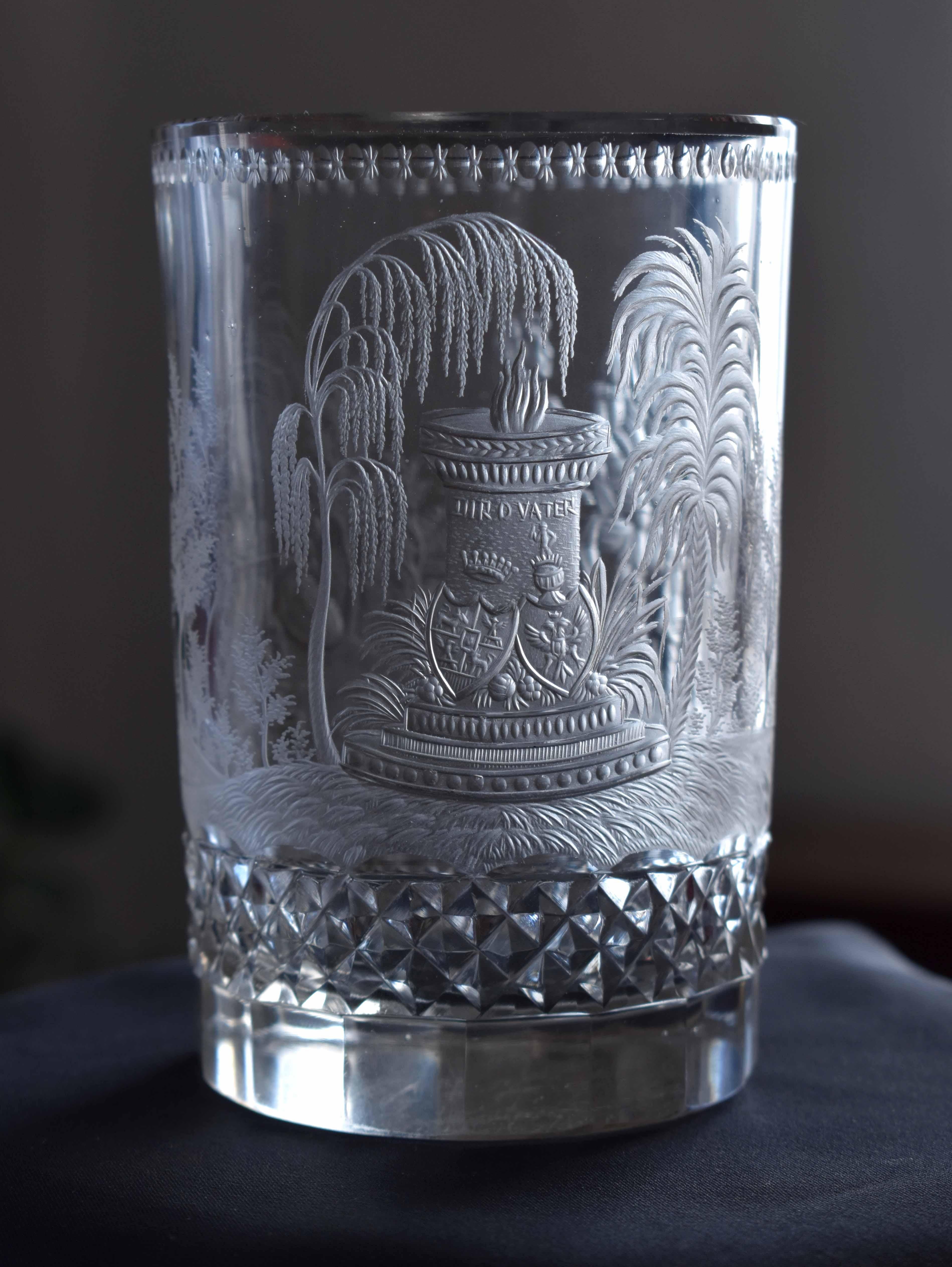 Glass Antique Engraved Goblet of the 19th Century, Signed at the Bottom H.Hackel