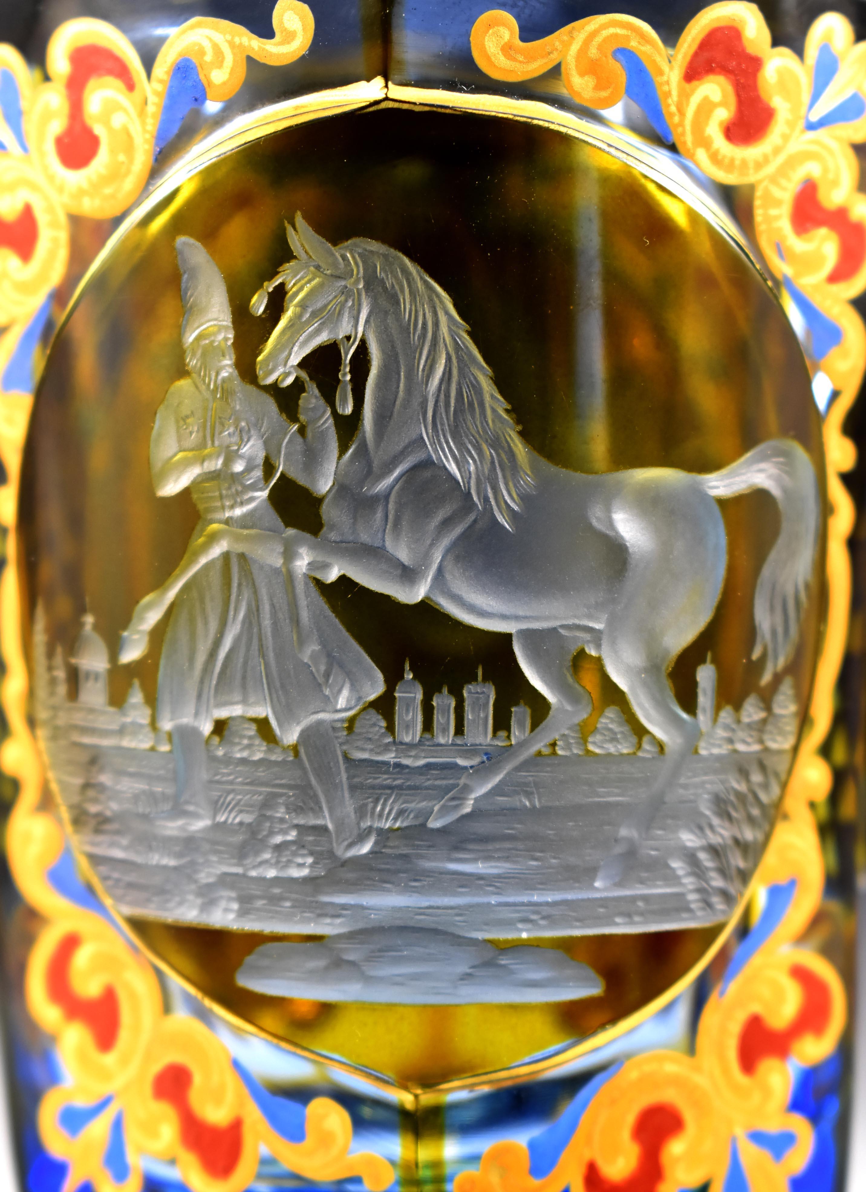 Antique Engraved Goblet –Persian Horse motif , 19-20 century Bohemian Glass For Sale 4