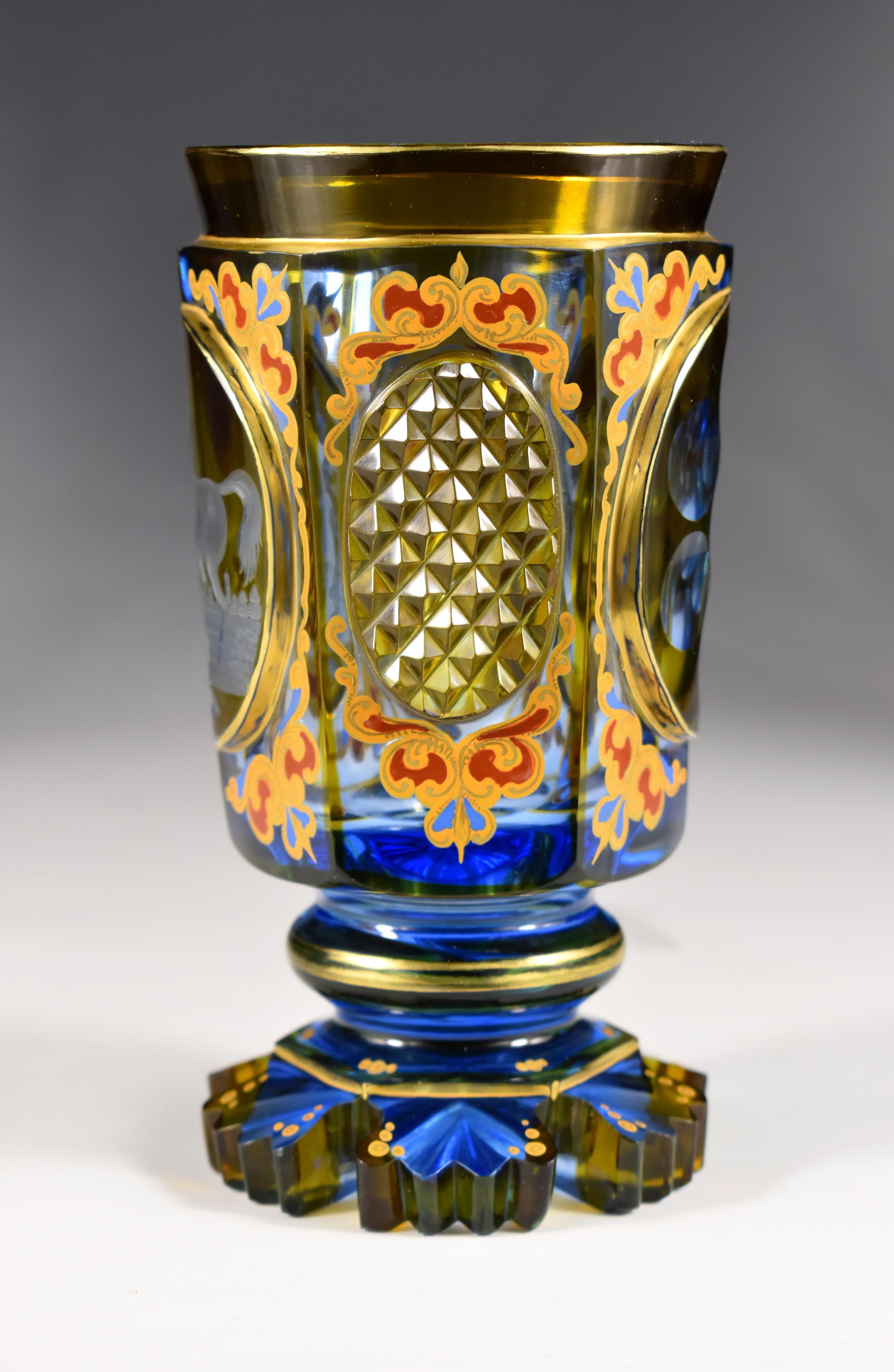 Biedermeier Antique Engraved Goblet –Persian Horse motif , 19-20 century Bohemian Glass For Sale