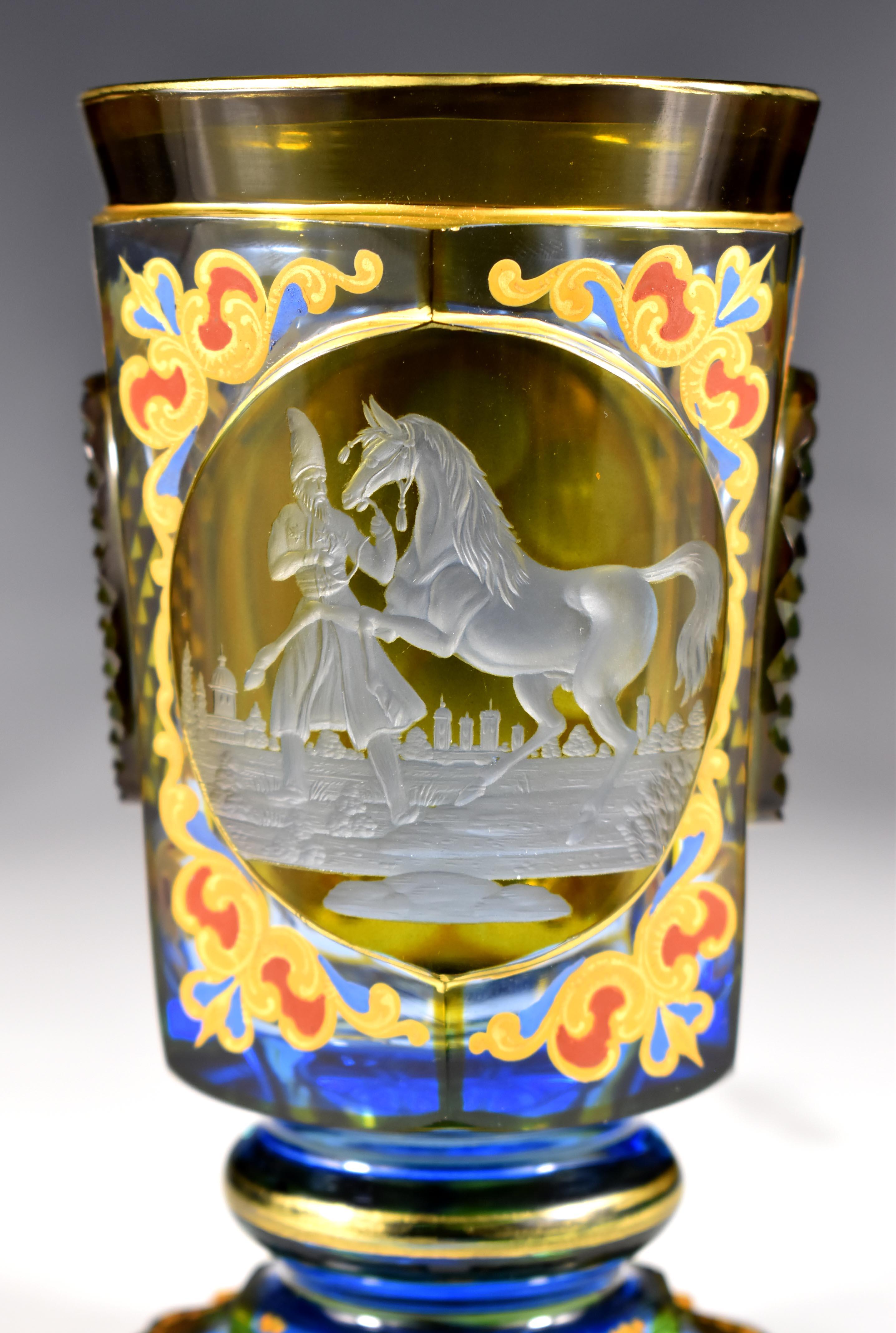 19th Century Antique Engraved Goblet –Persian Horse motif , 19-20 century Bohemian Glass For Sale