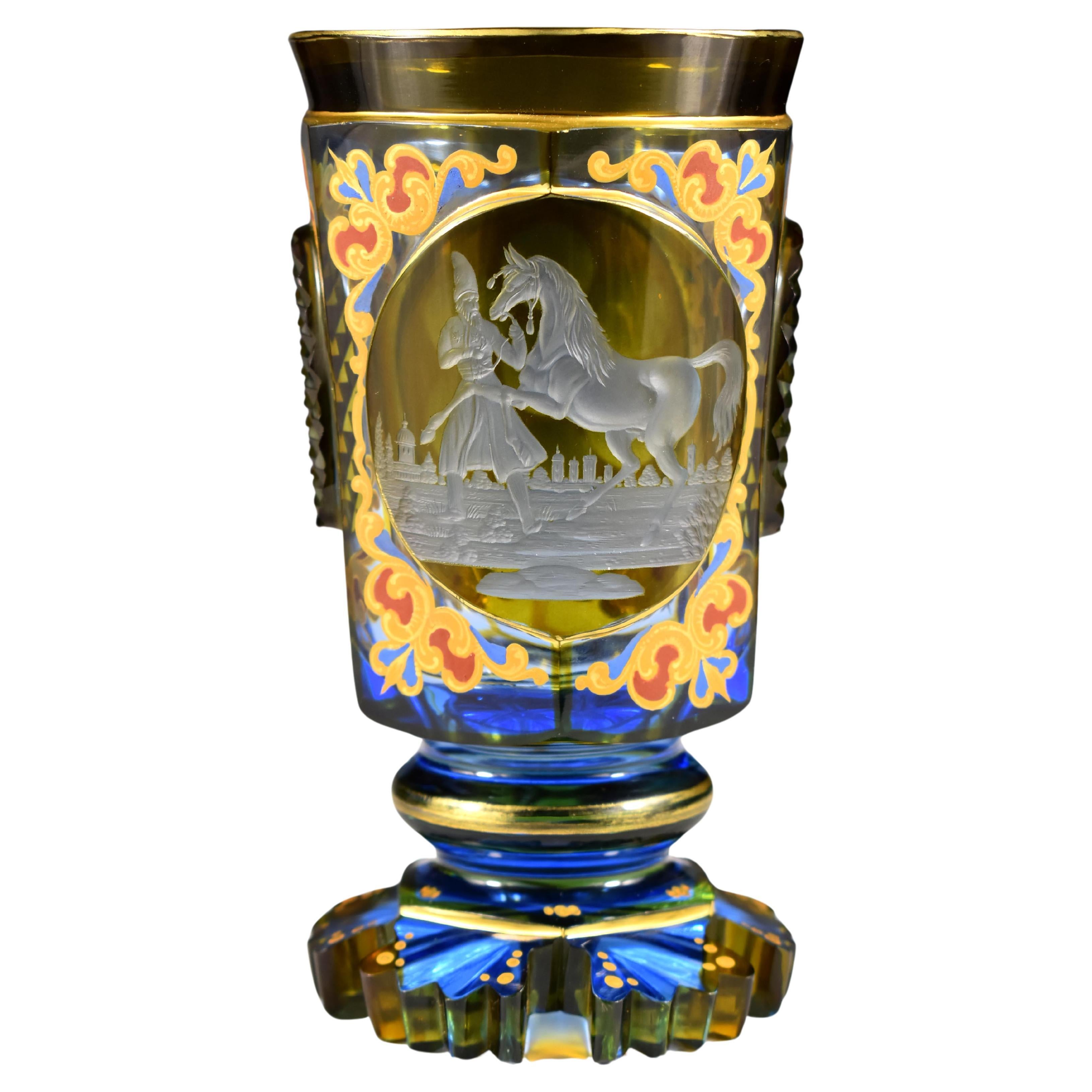 Antiker gravierter Pokal -Persisches Pferdemotiv , 19-20 Jahrhundert böhmisches Glas