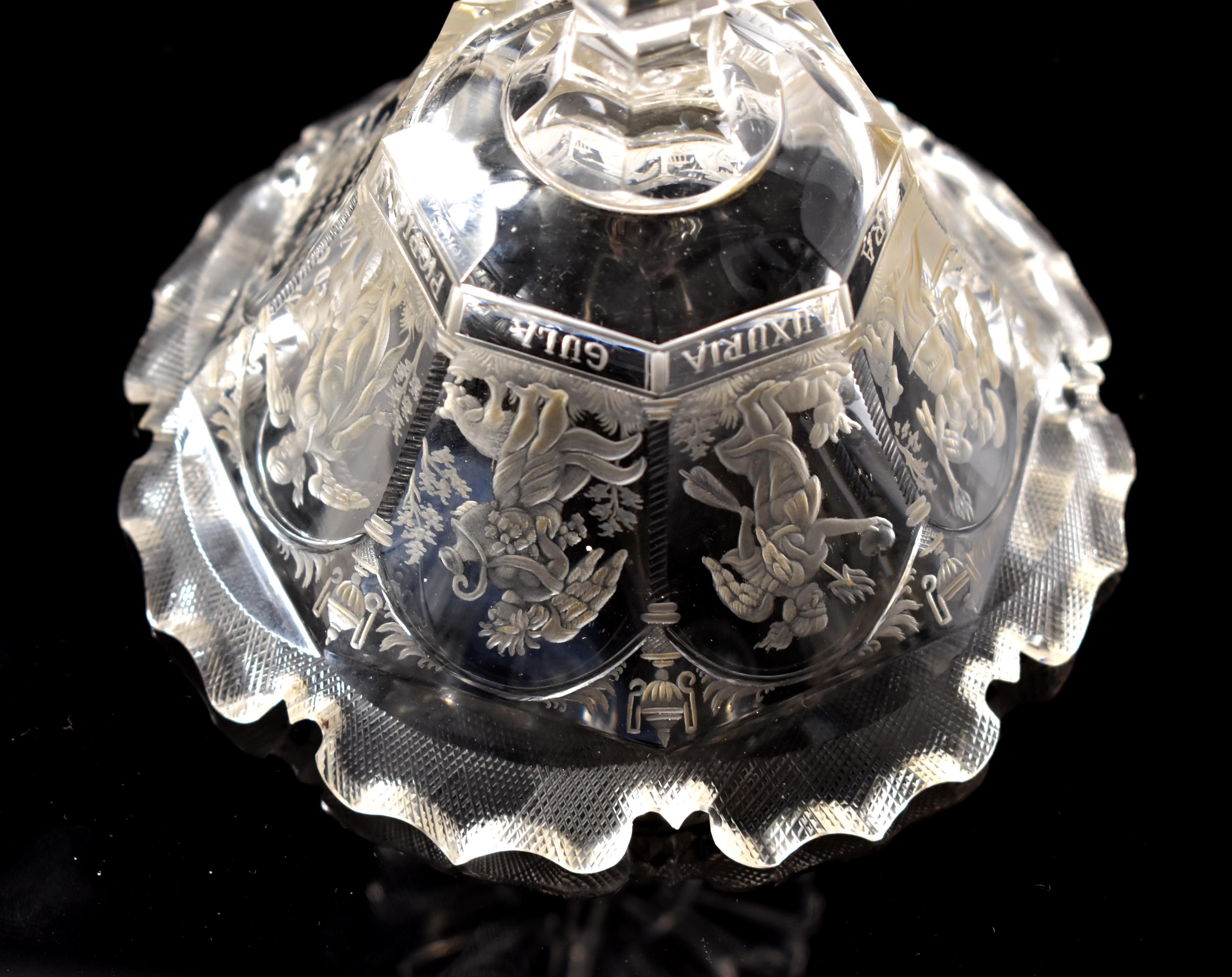 Antique Engraved Goblet-Seven Deadly Sins, Bohemian Glass 19th century  In Good Condition For Sale In Nový Bor, CZ