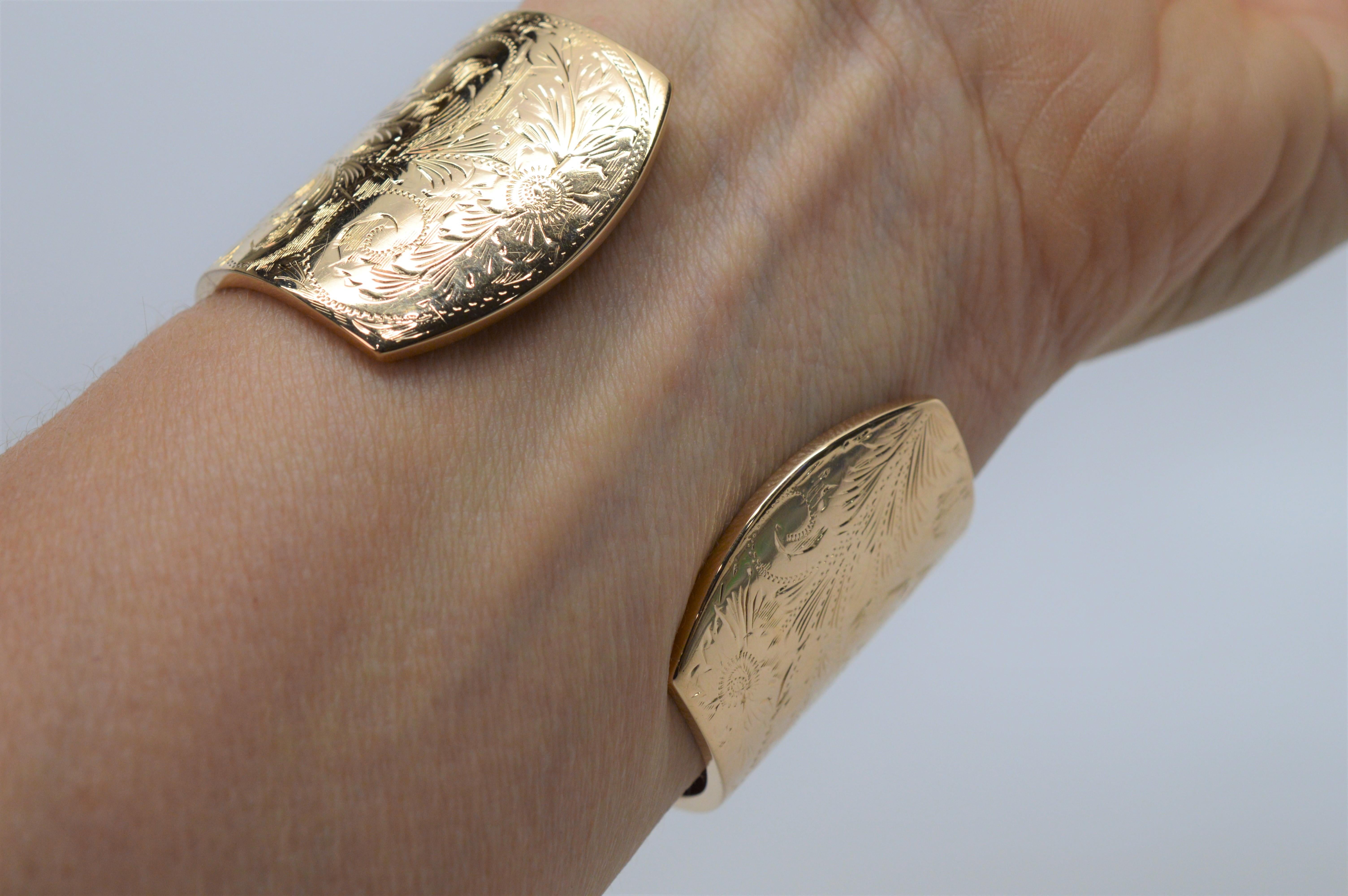 Antique Engraved Gold Wide Cuff Bracelet In Excellent Condition In Mount Kisco, NY