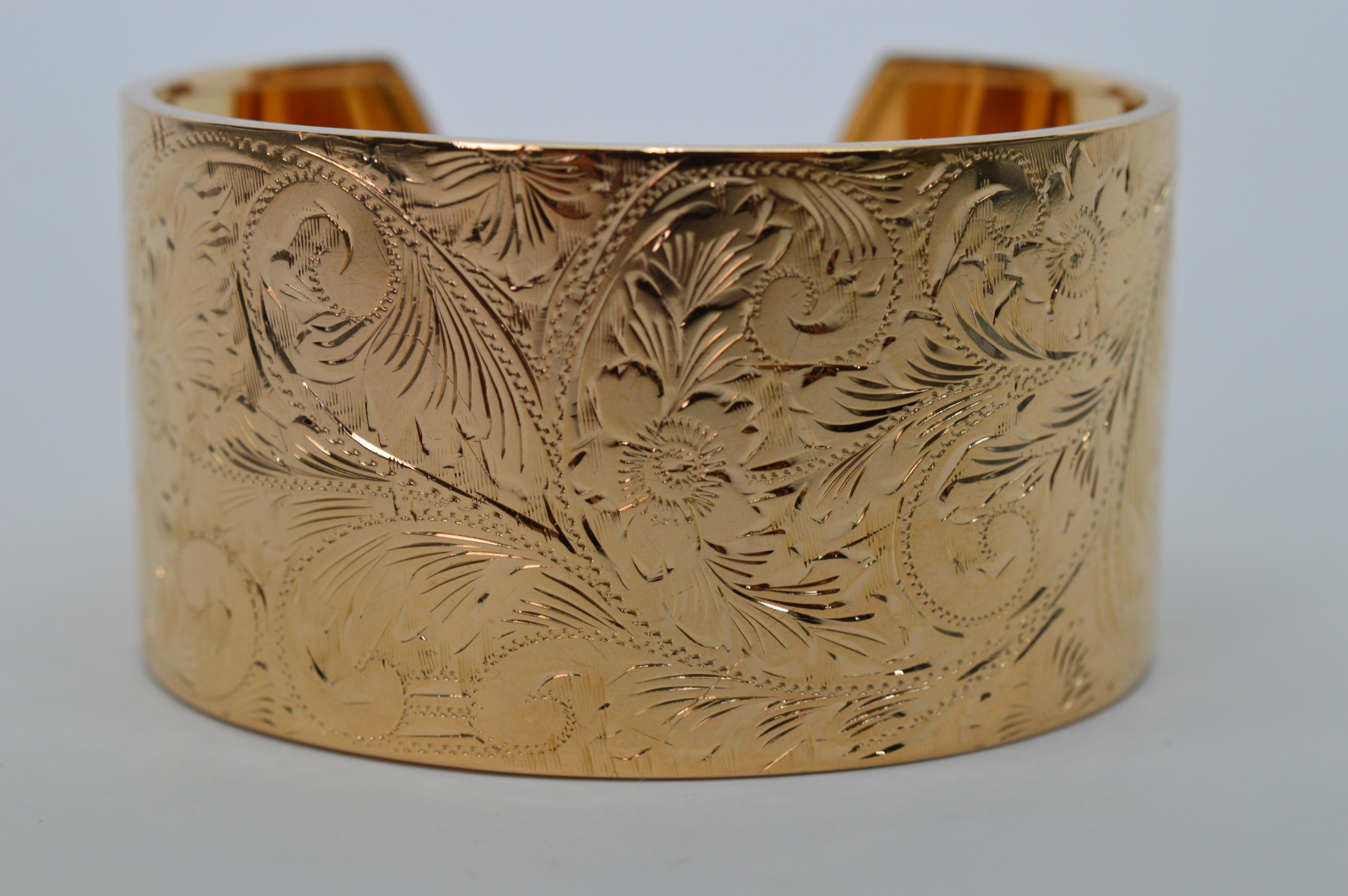 Antique Engraved Gold Wide Cuff Bracelet 1