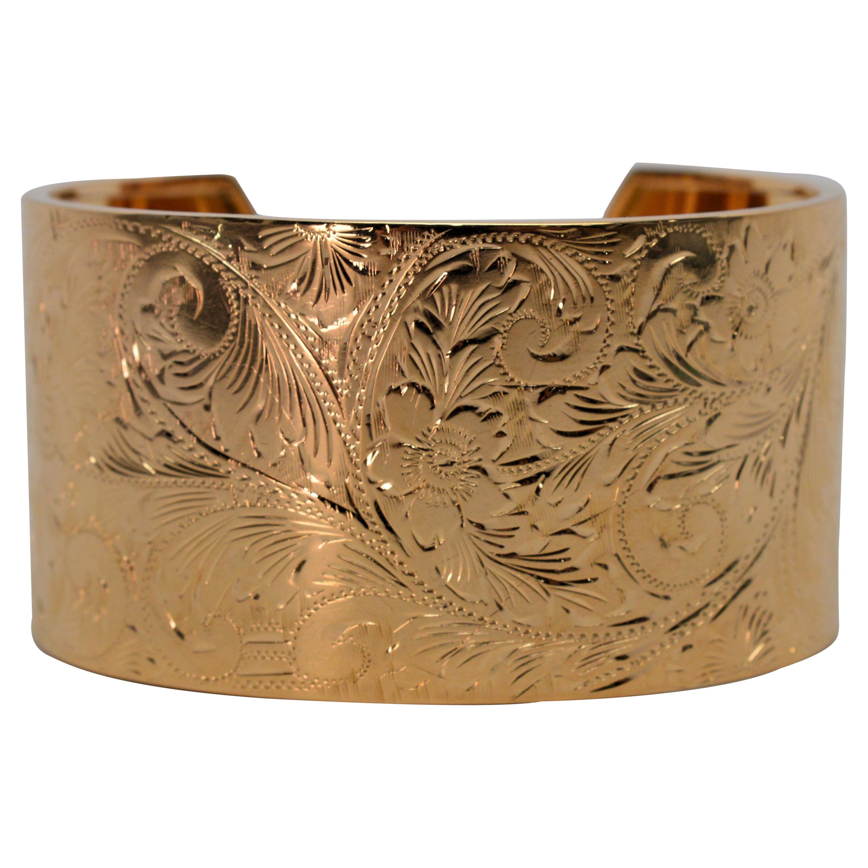Giant Indian Brass Red Copper 34 Fish Delicately Engraved Cuff Bracelet 2" width 